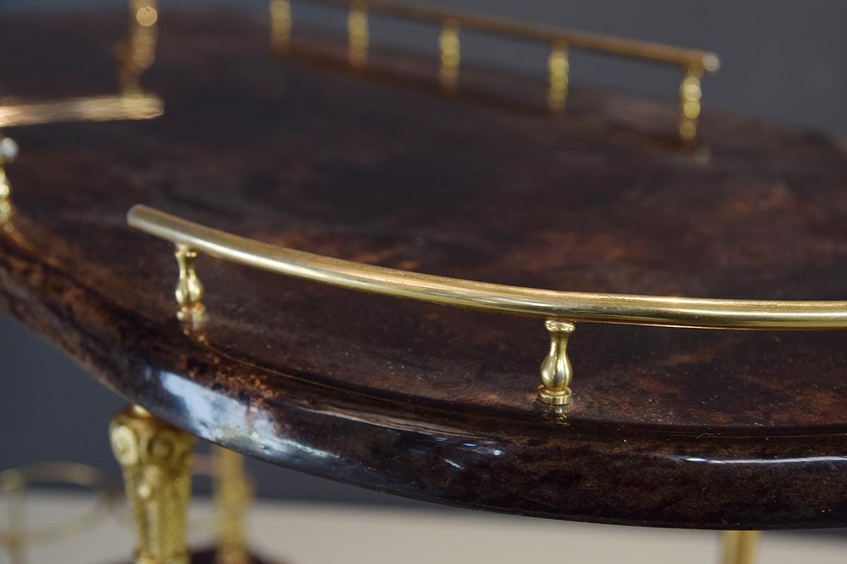 Aldo Tura Brass and Lacquered Goatskin Bar or Serving Cart in Dark Brown, 1970s For Sale 5