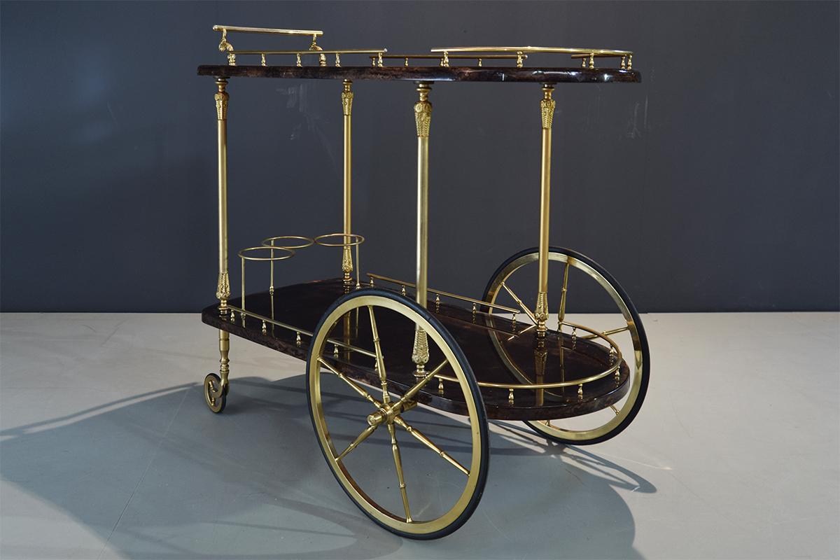 Aldo Tura Brass and Lacquered Goatskin Bar or Serving Cart in Dark Brown, 1970s For Sale 10
