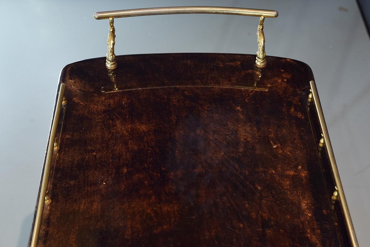 Mid-Century Modern Aldo Tura Brass and Lacquered Goatskin Bar or Serving Cart in Dark Brown, 1970s For Sale