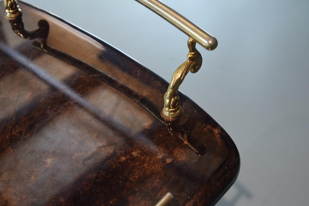 Italian Aldo Tura Brass and Lacquered Goatskin Bar or Serving Cart in Dark Brown, 1970s For Sale