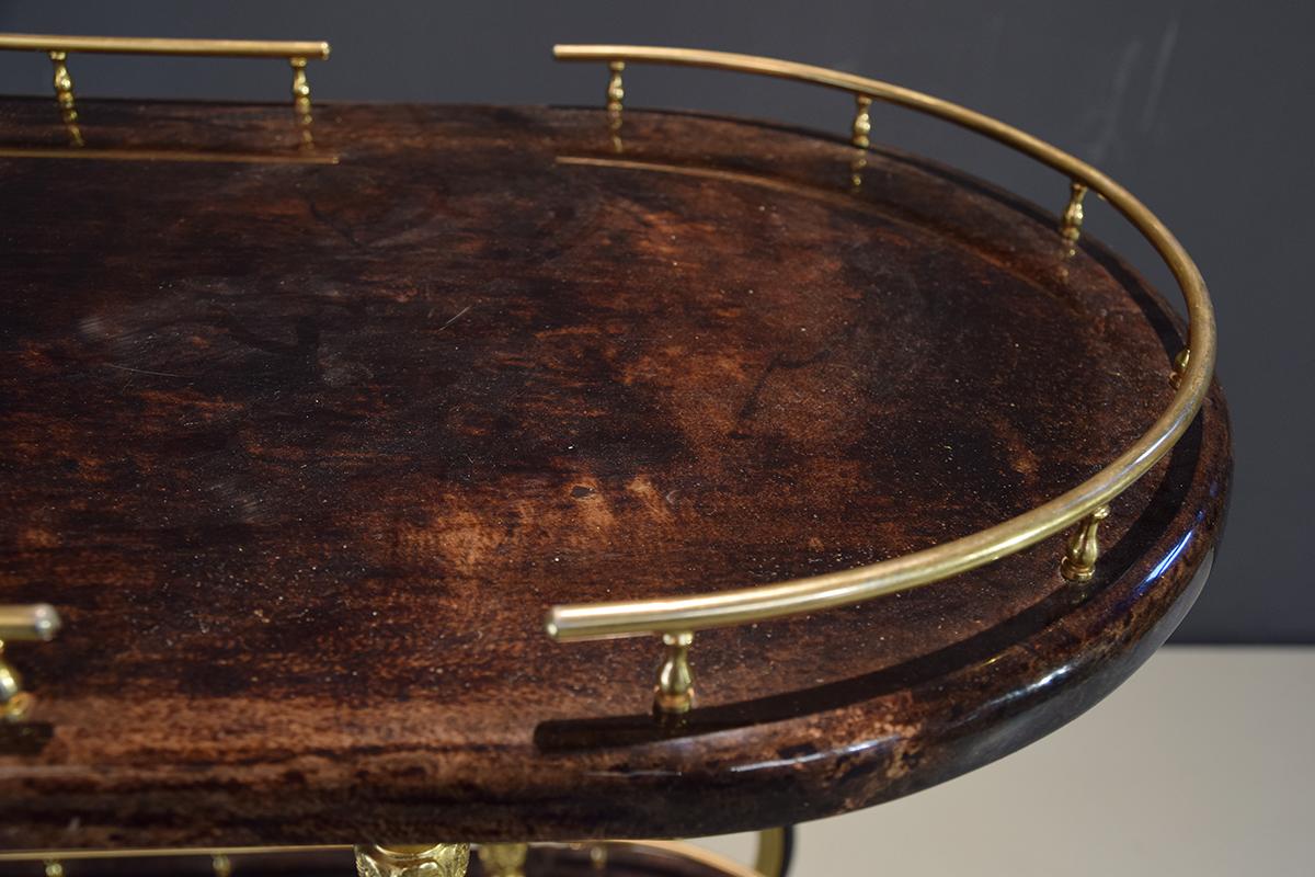Late 20th Century Aldo Tura Brass and Lacquered Goatskin Bar or Serving Cart in Dark Brown, 1970s For Sale