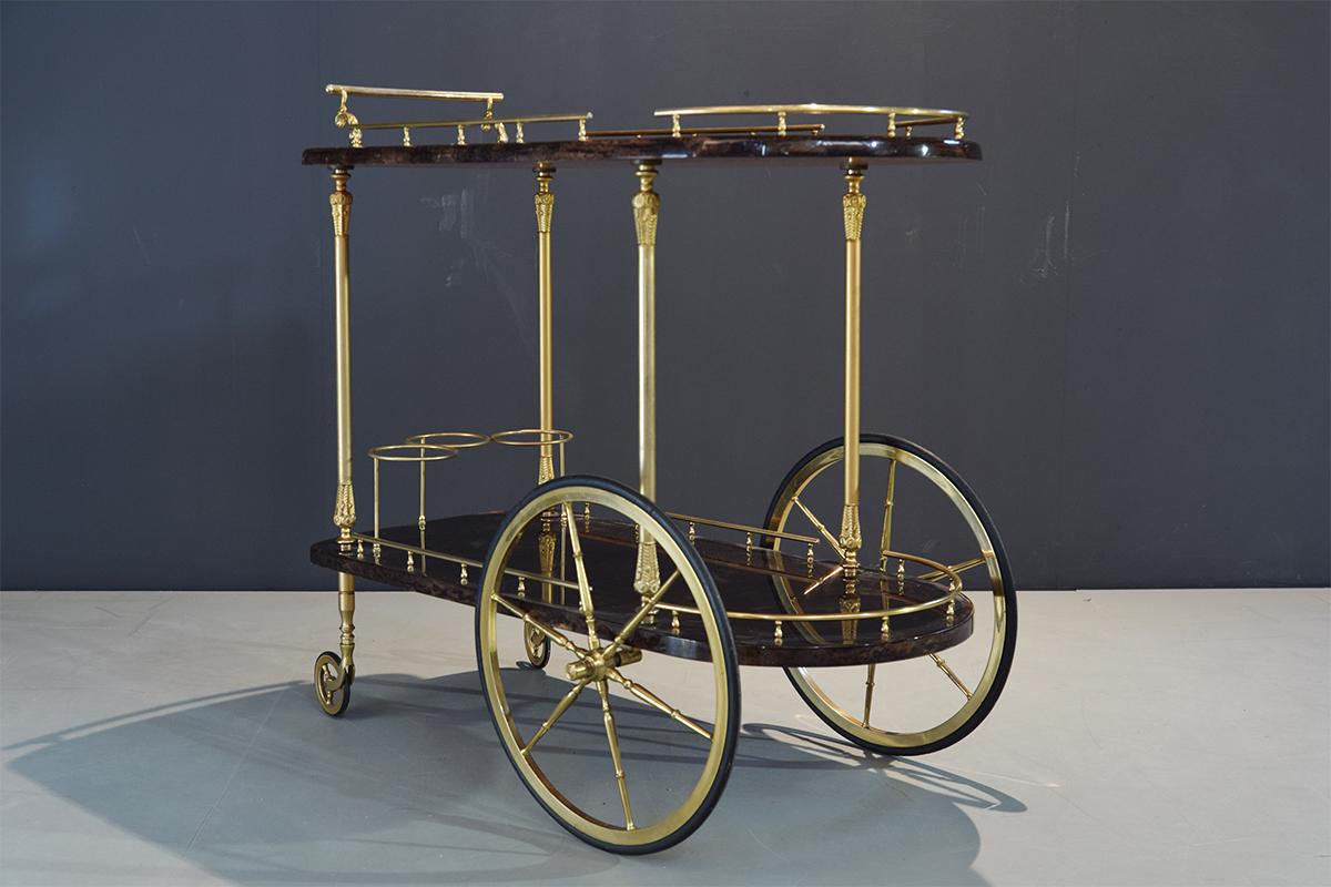 Aldo Tura Brass and Lacquered Goatskin Bar or Serving Cart in Dark Brown, 1970s For Sale 3
