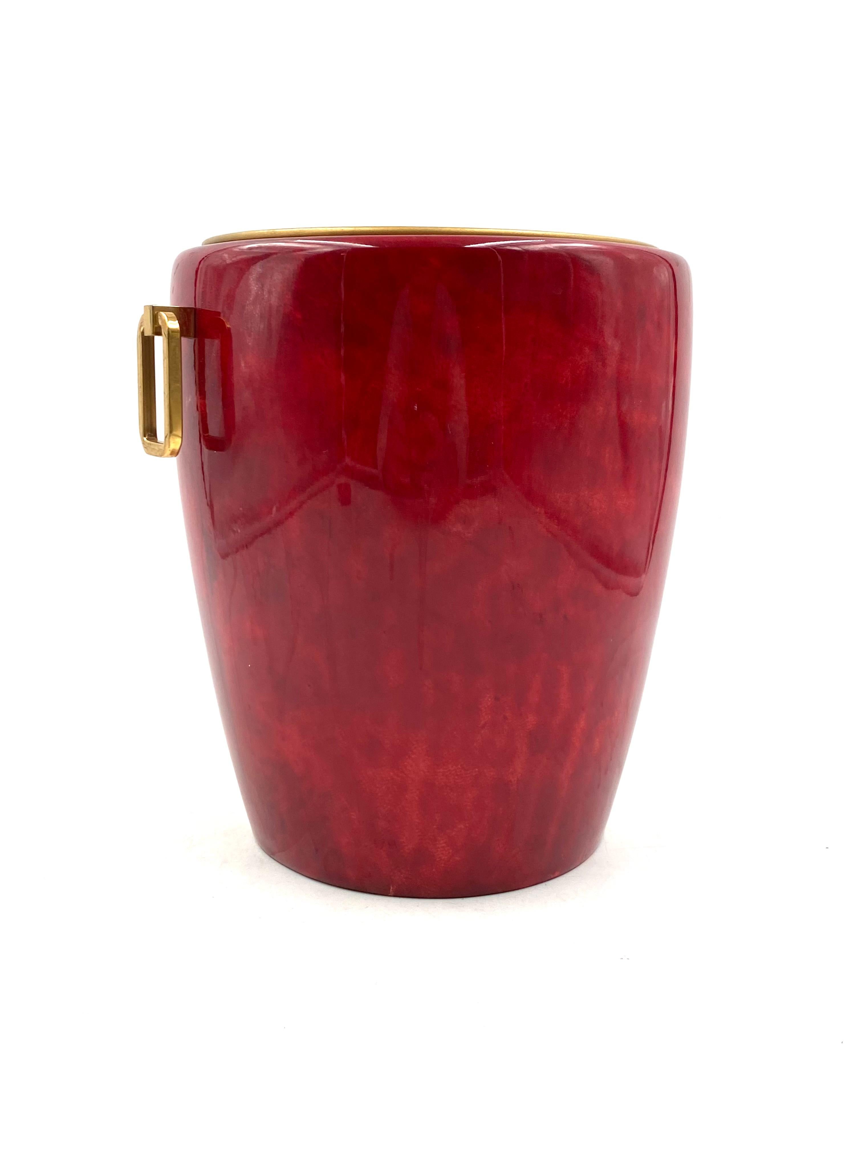 Metal Aldo Tura, Brass and red Parchment cooler / Ice bucket, Italy, 1960s