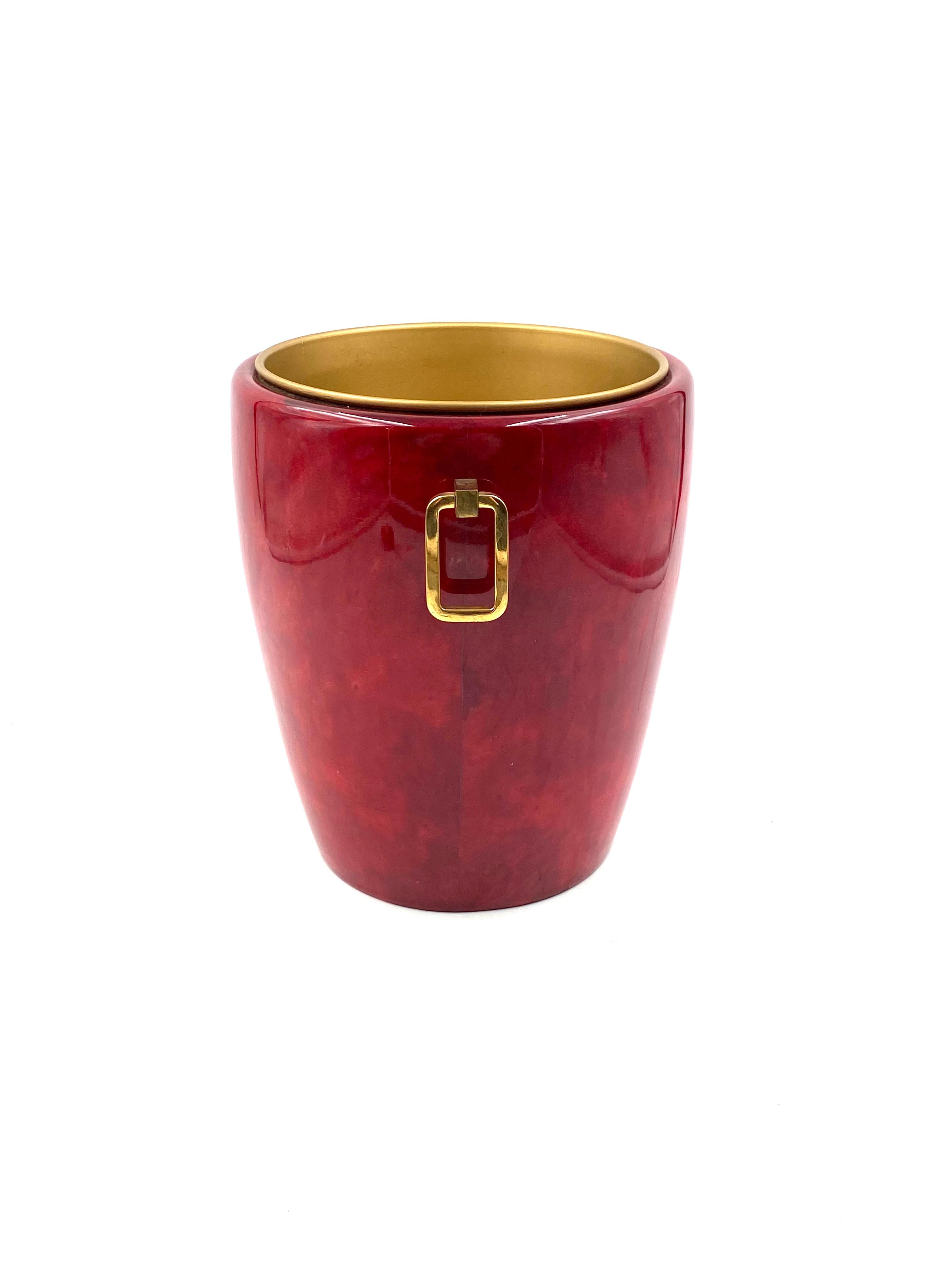 Aldo Tura, Brass and red Parchment cooler / Ice bucket, Italy, 1960s 4