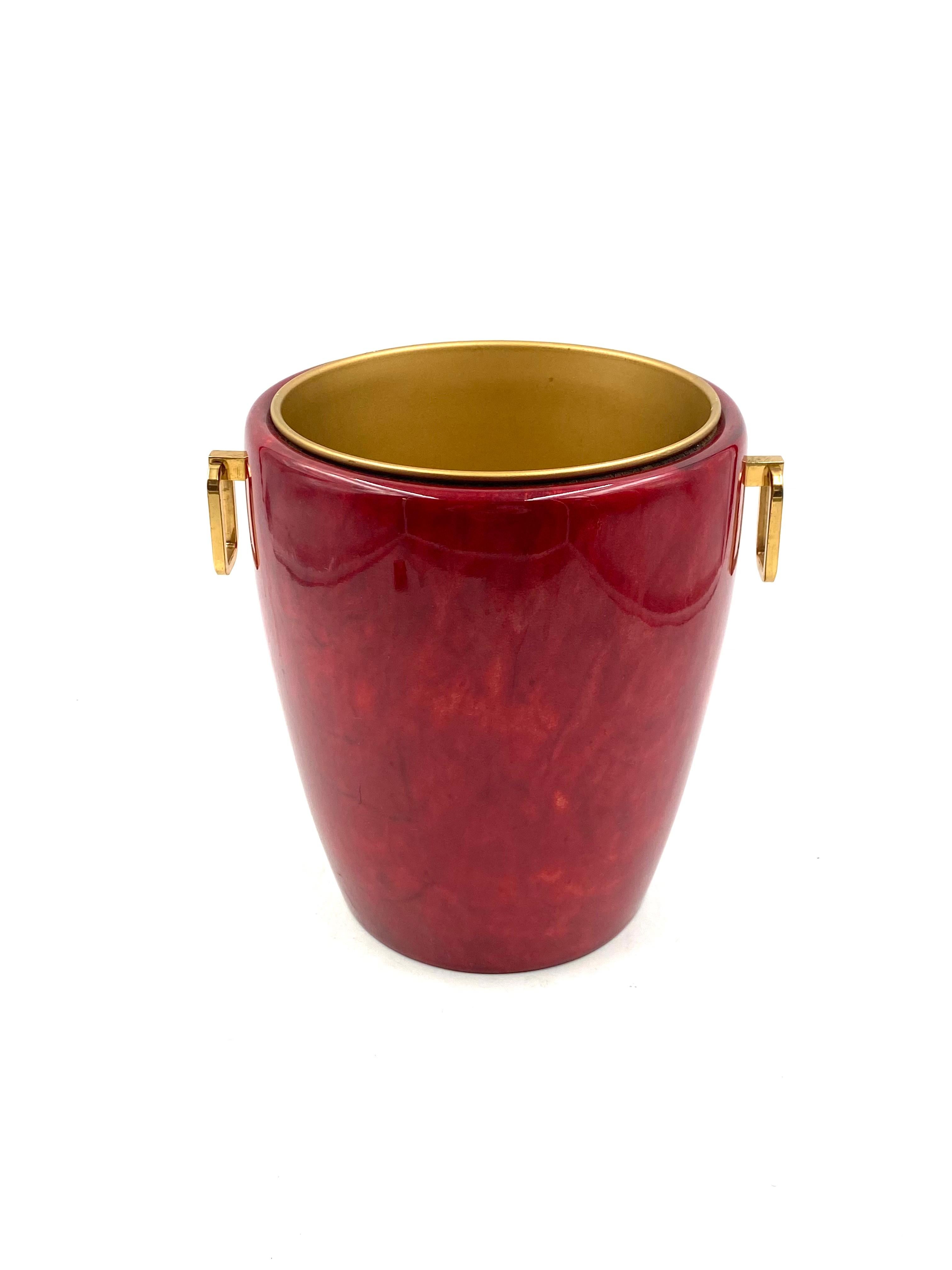 Aldo Tura, Brass and red Parchment cooler / Ice bucket, Italy, 1960s 7