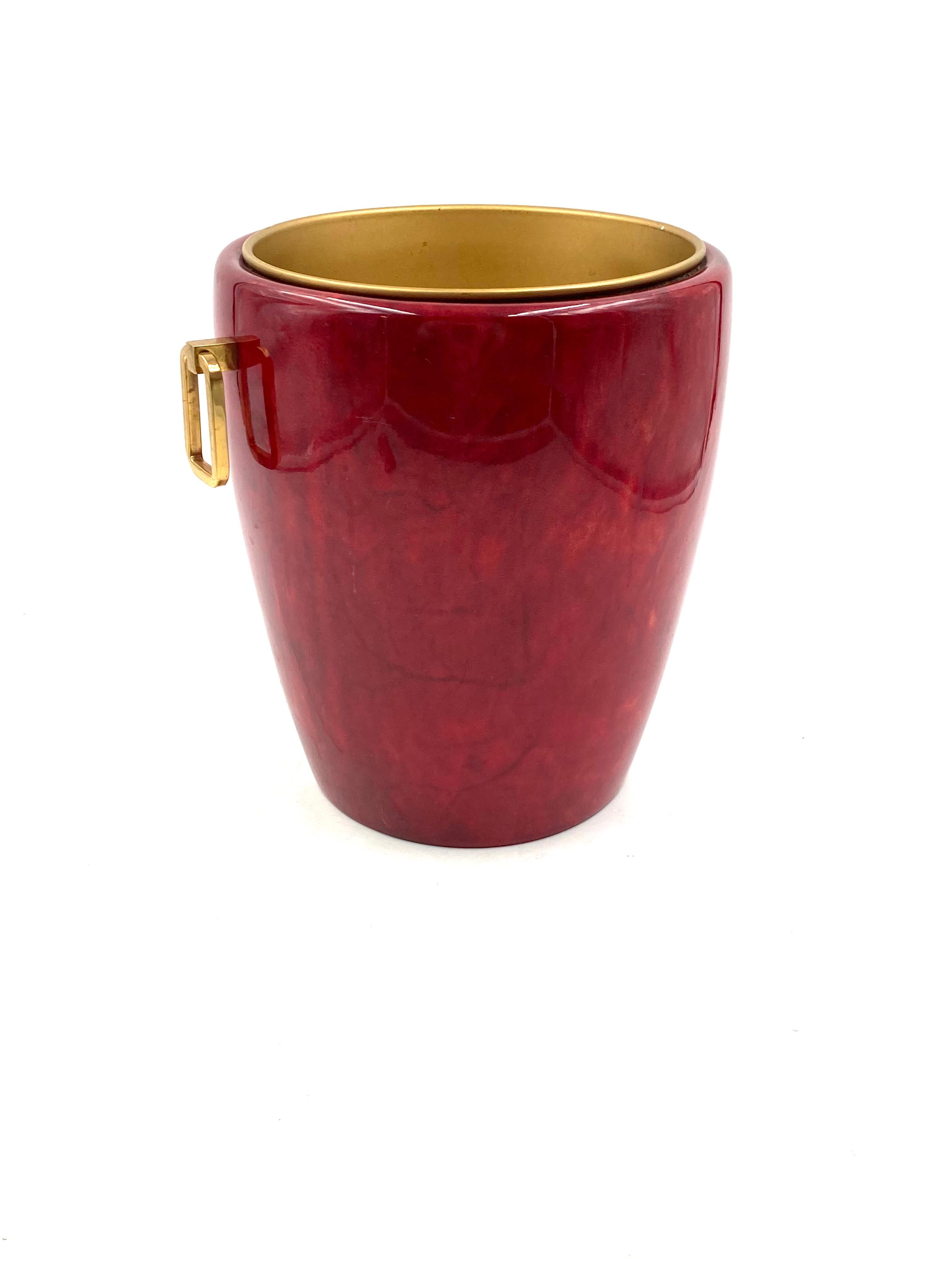 Aldo Tura, Brass and red Parchment cooler / Ice bucket, Italy, 1960s 6