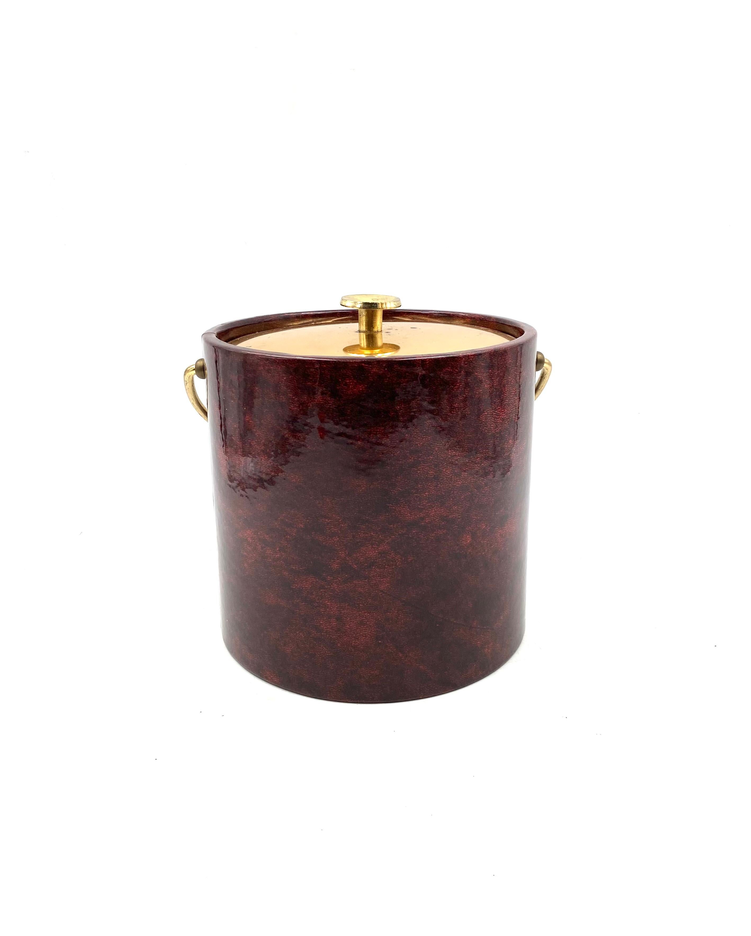 Mid-Century Modern Aldo Tura, Brass and red Parchment cooler / Ice bucket, Italy 1960s For Sale