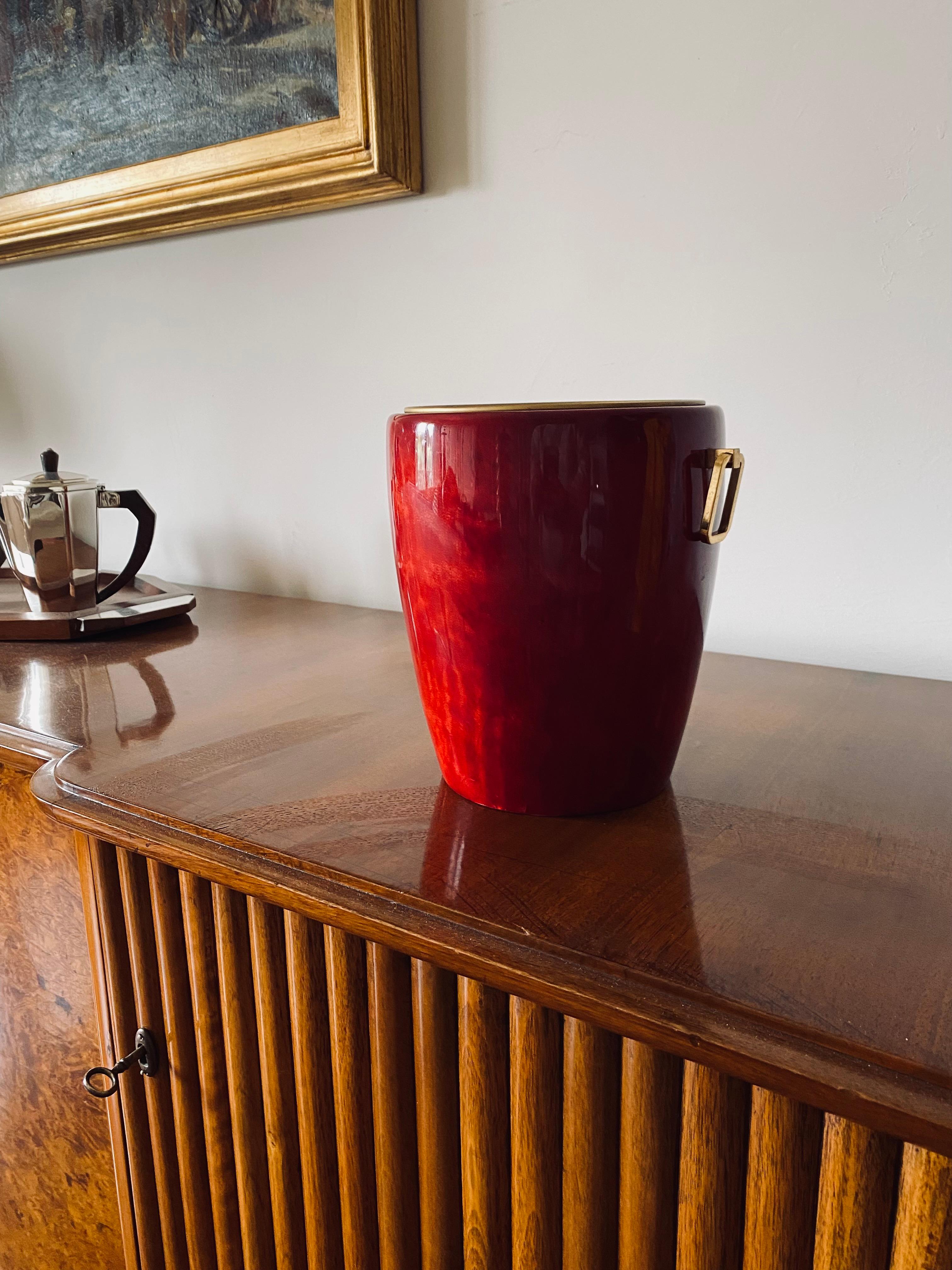 Mid-Century Modern Aldo Tura, Brass and red Parchment cooler / Ice bucket, Italy, 1960s