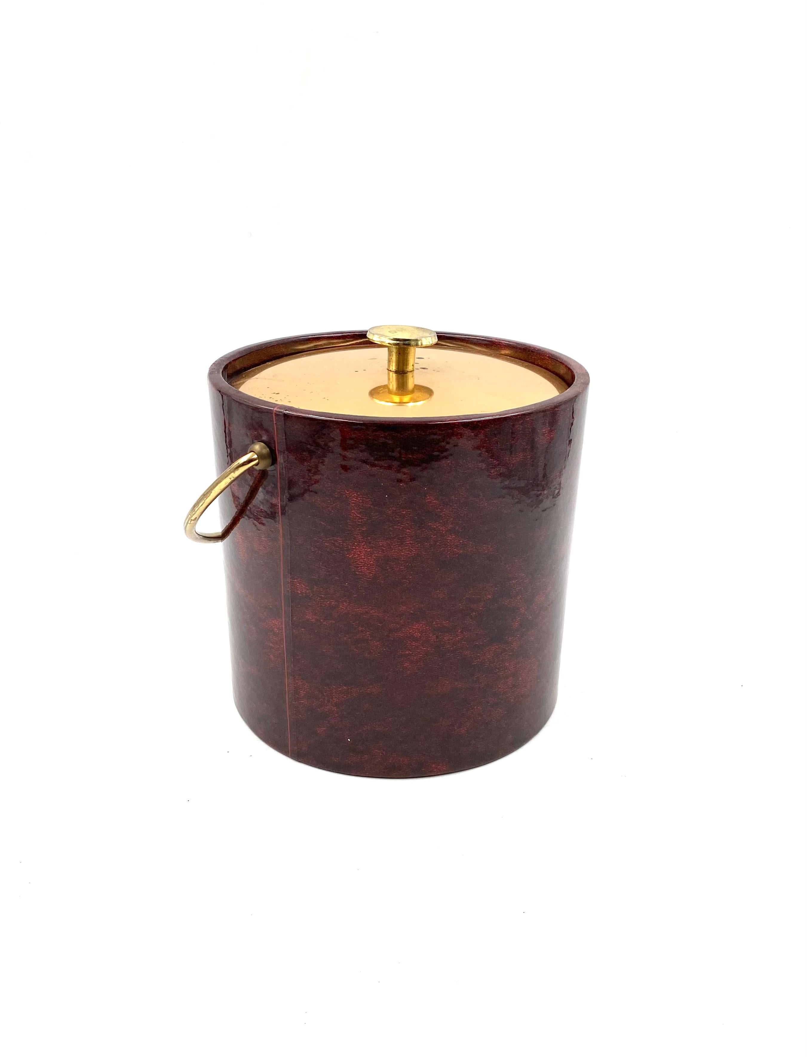 Italian Aldo Tura, Brass and red Parchment cooler / Ice bucket, Italy 1960s For Sale