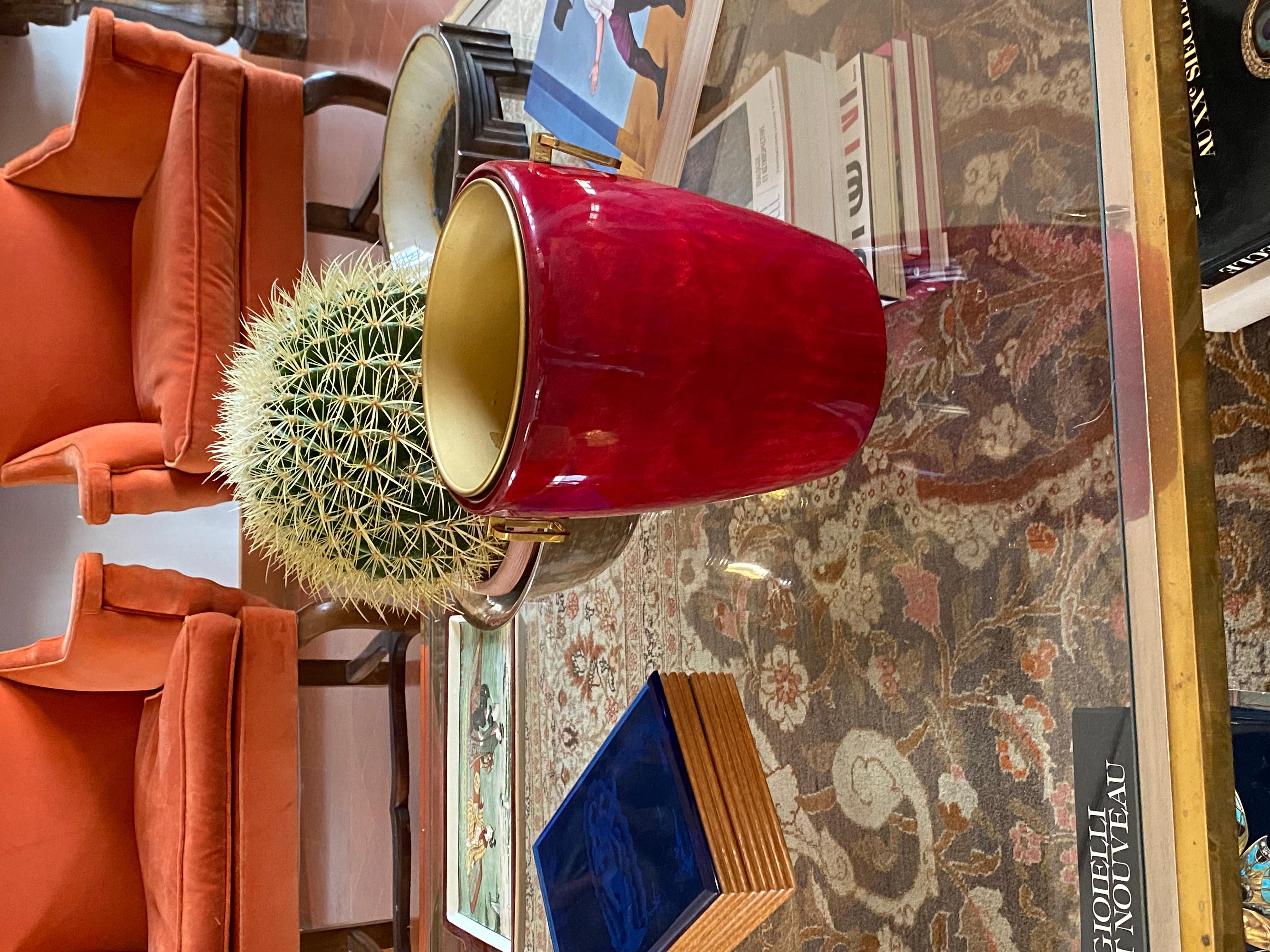 Mid-Century Modern Aldo Tura, Brass and red Parchment cooler / Ice bucket, Italy, 1960s