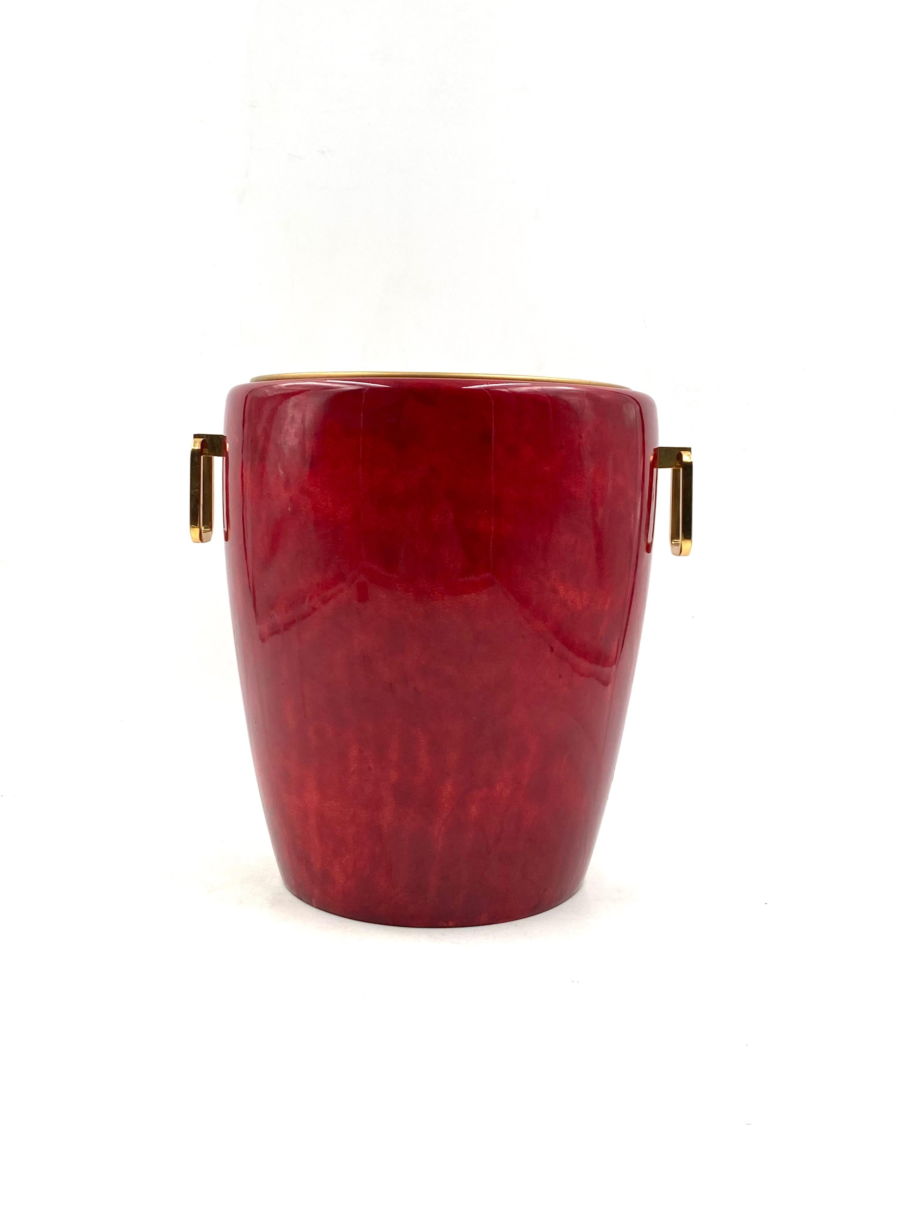 Mid-20th Century Aldo Tura, Brass and red Parchment cooler / Ice bucket, Italy, 1960s