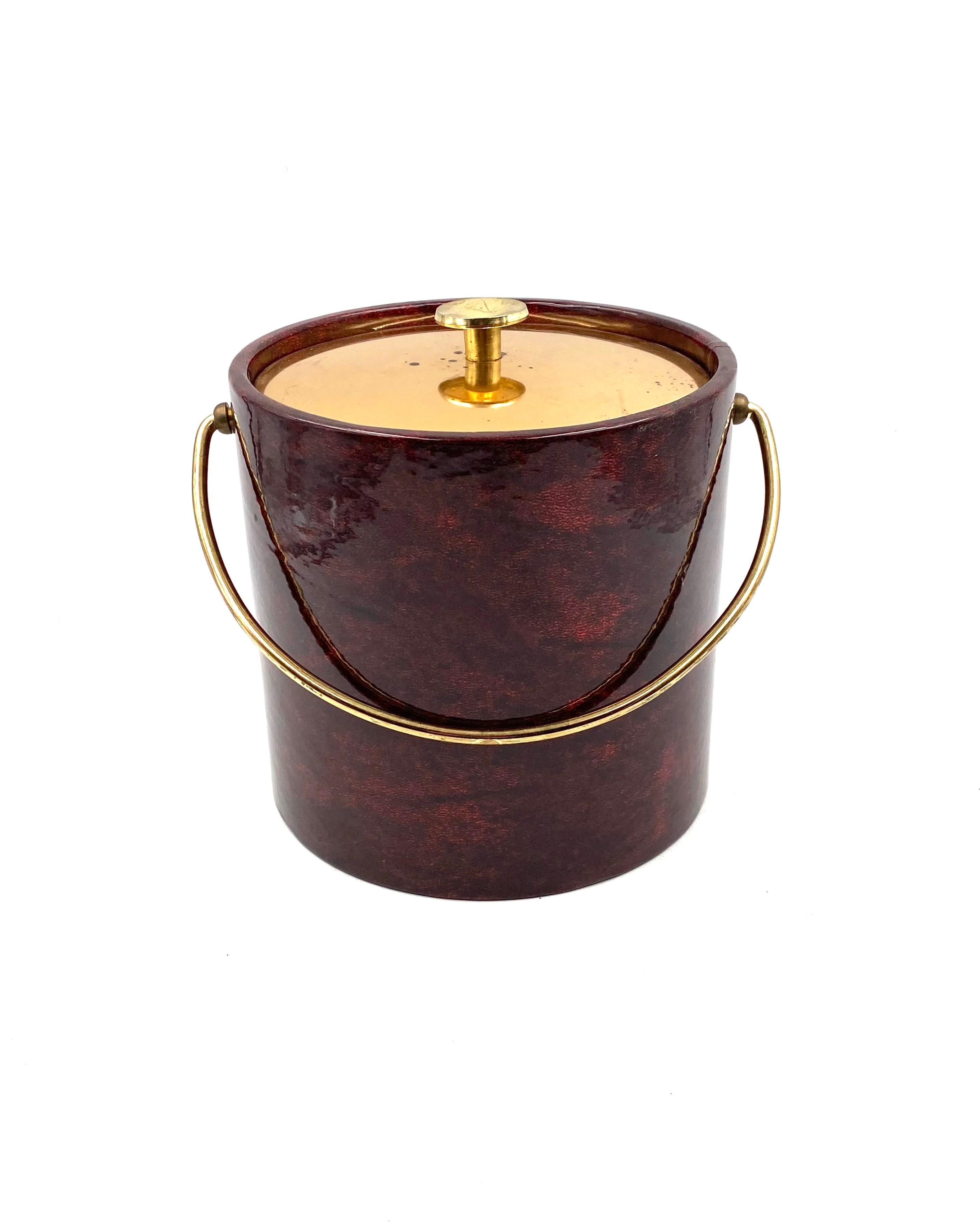 Metal Aldo Tura, Brass and red Parchment cooler / Ice bucket, Italy 1960s For Sale