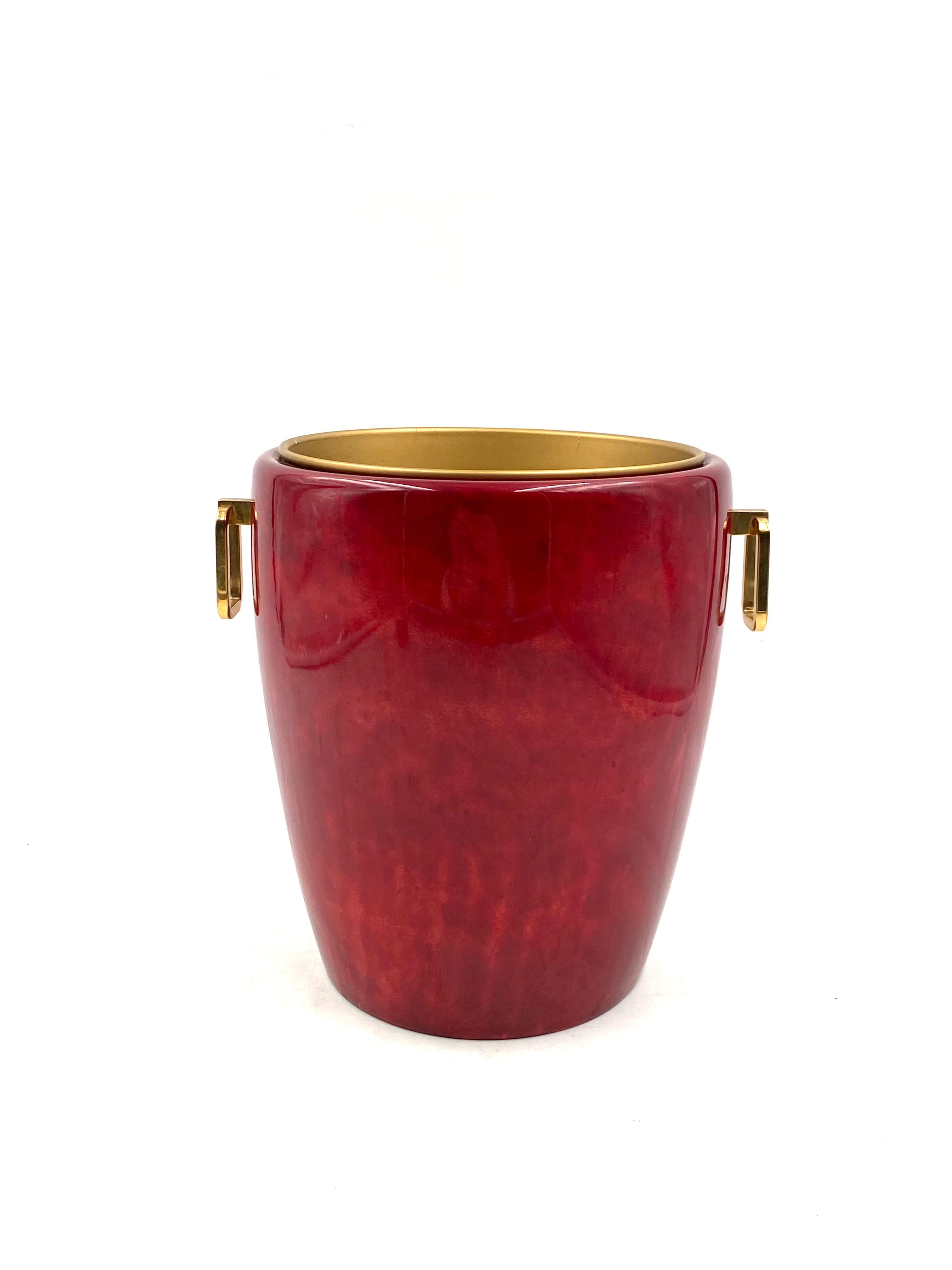 Metal Aldo Tura, Brass and red Parchment cooler / Ice bucket, Italy, 1960s
