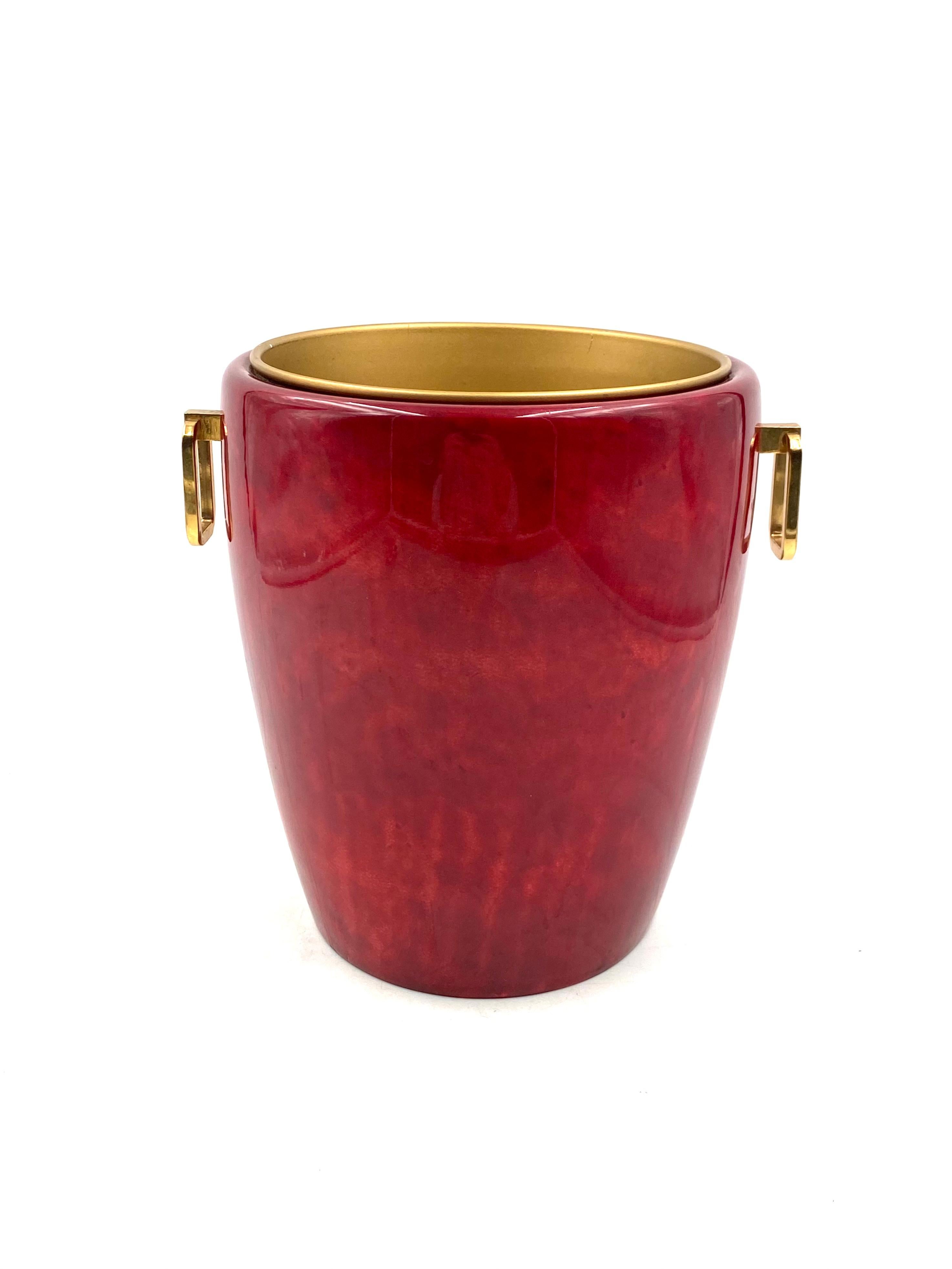 Mid-20th Century Aldo Tura, Brass and red Parchment cooler / Ice bucket, Italy, 1960s