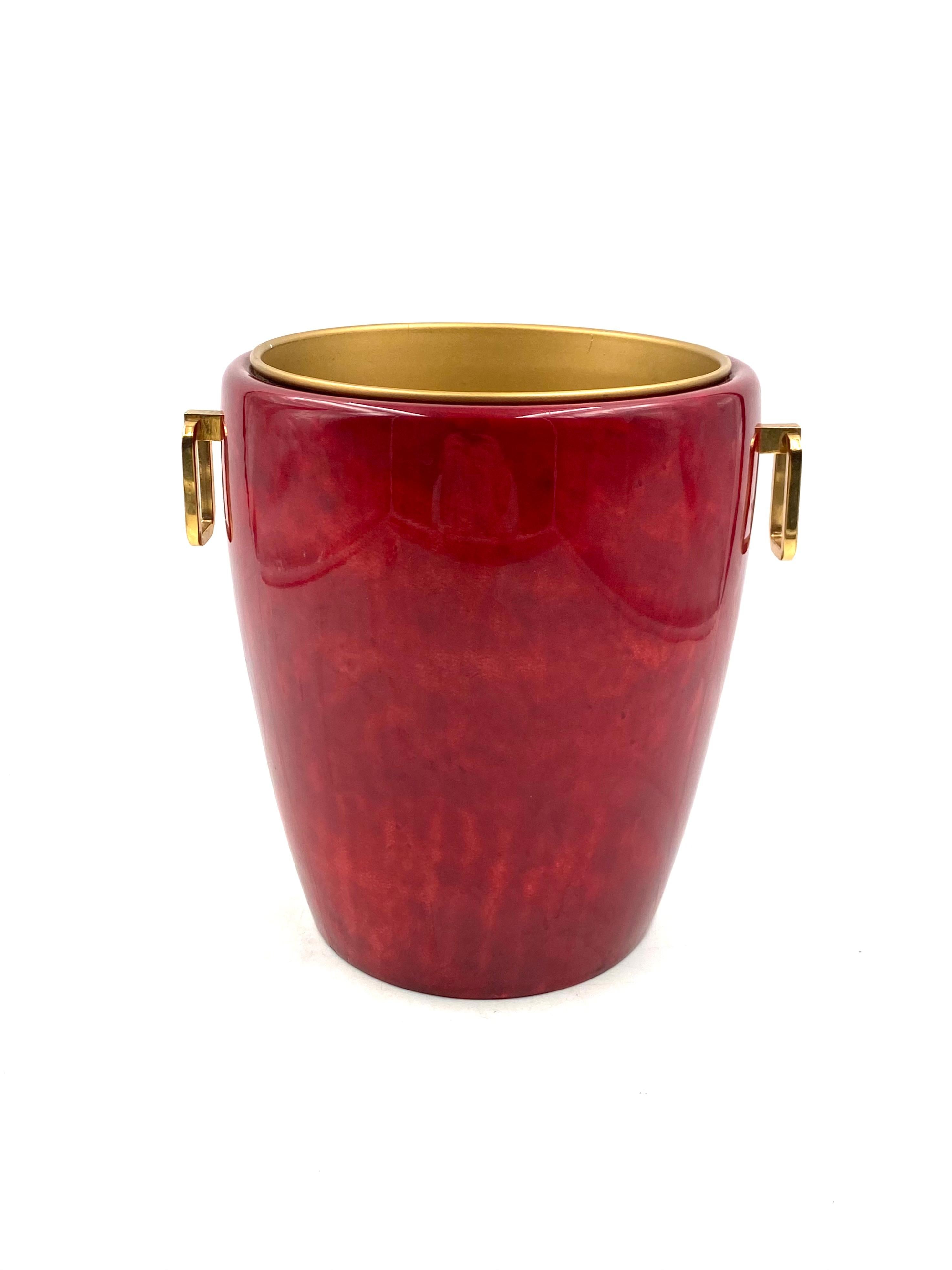 Aldo Tura, Brass and red Parchment cooler / Ice bucket, Italy, 1960s 1