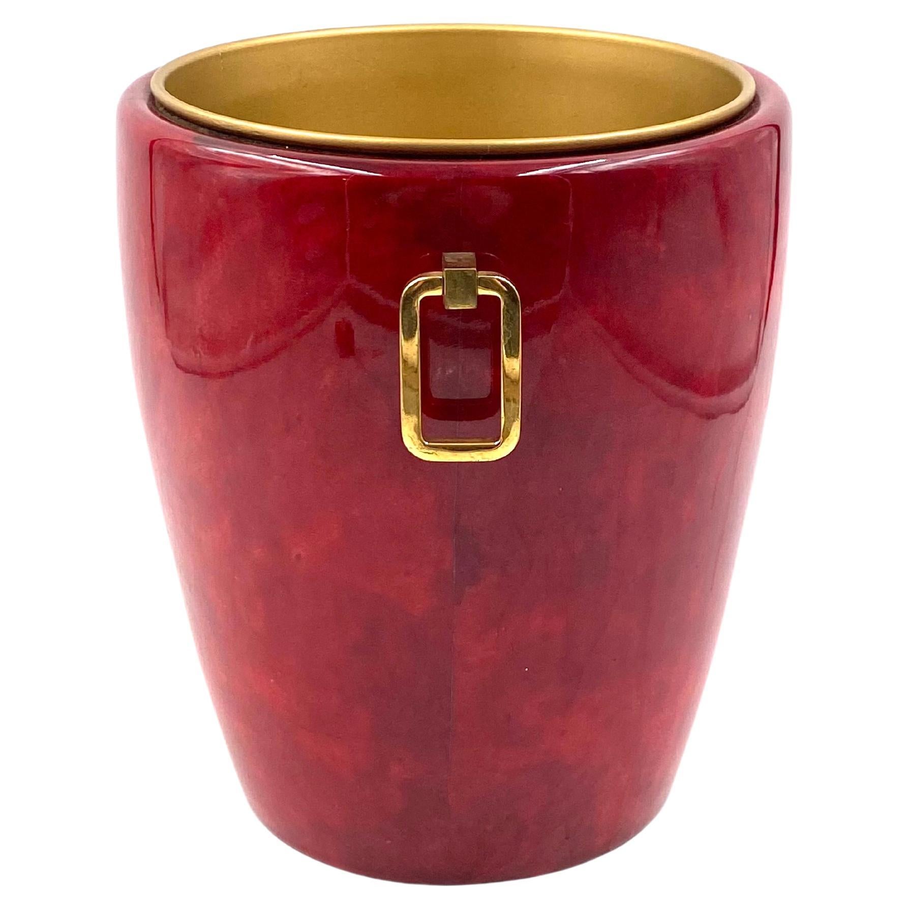 Aldo Tura, Brass and red Parchment cooler / Ice bucket, Italy, 1960s