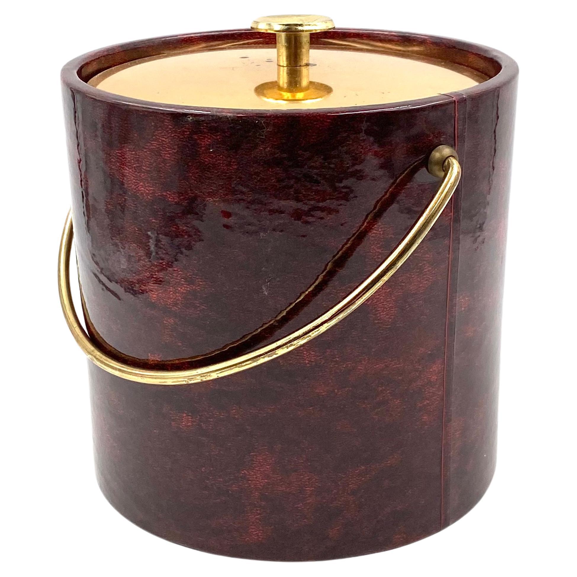 Aldo Tura, Brass and red Parchment cooler / Ice bucket, Italy 1960s For Sale