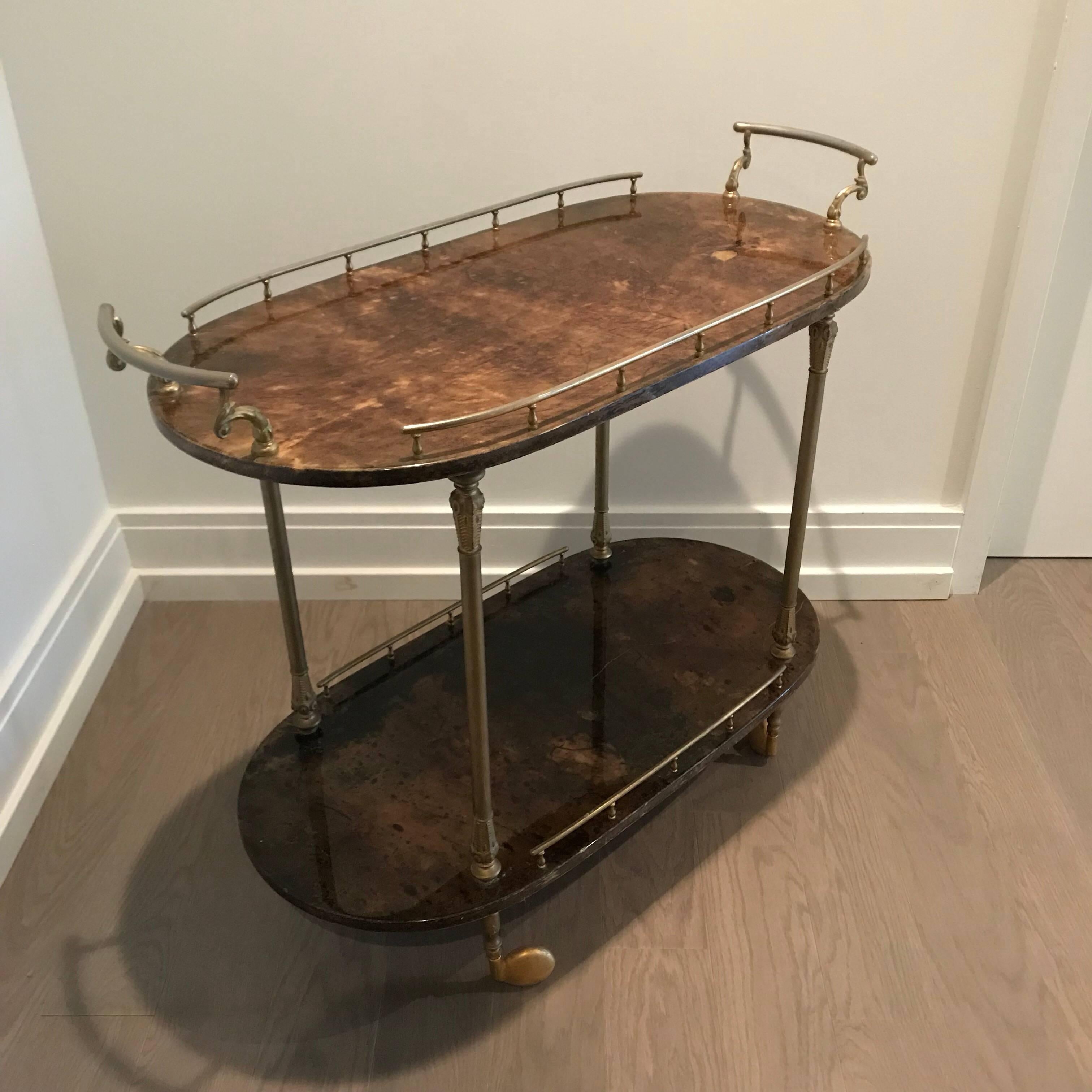 Italian Aldo Tura Brown Goatskin and Brass Bar Cart or Tea Cart or Cocktail Trolley