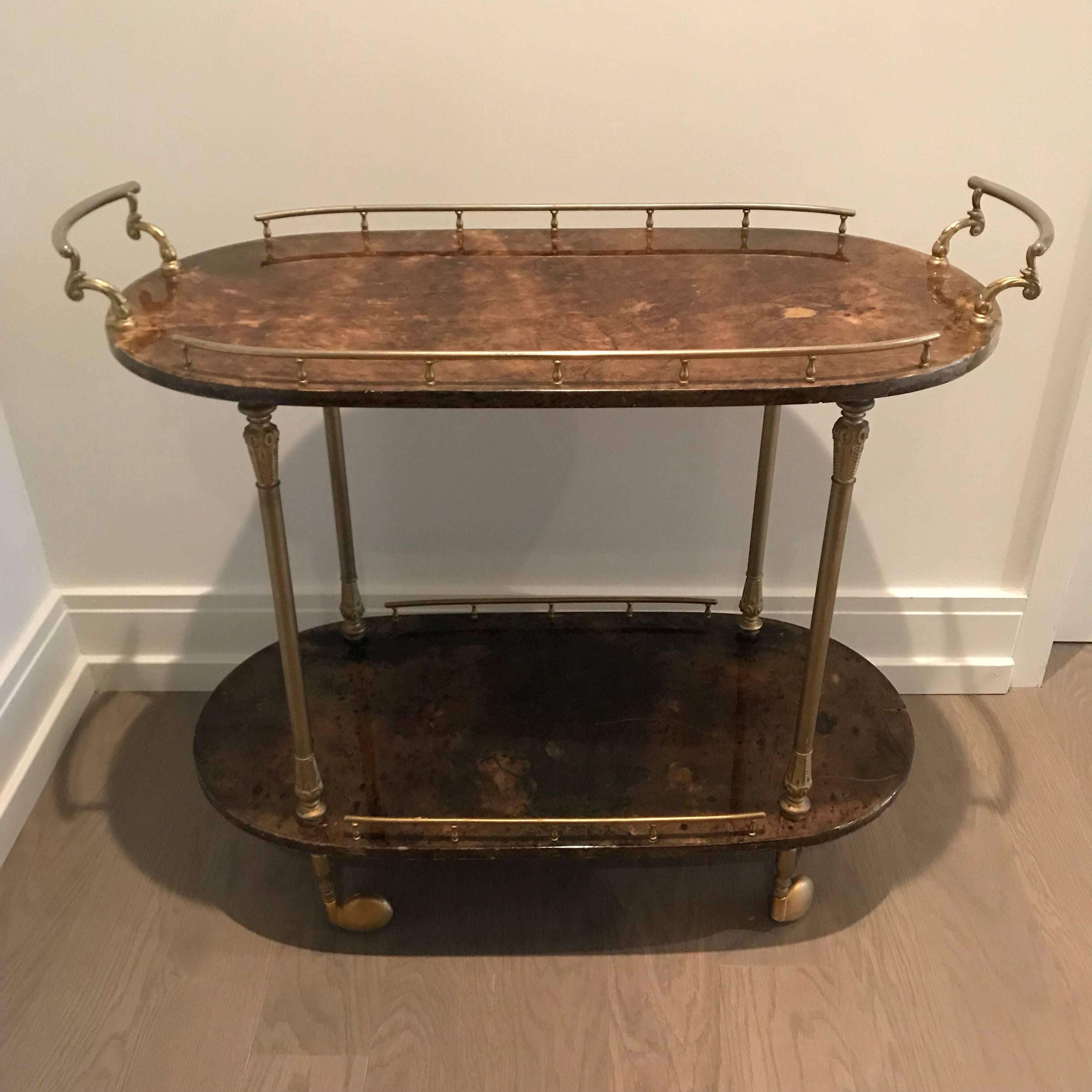 Lacquered Aldo Tura Brown Goatskin and Brass Bar Cart or Tea Cart or Cocktail Trolley