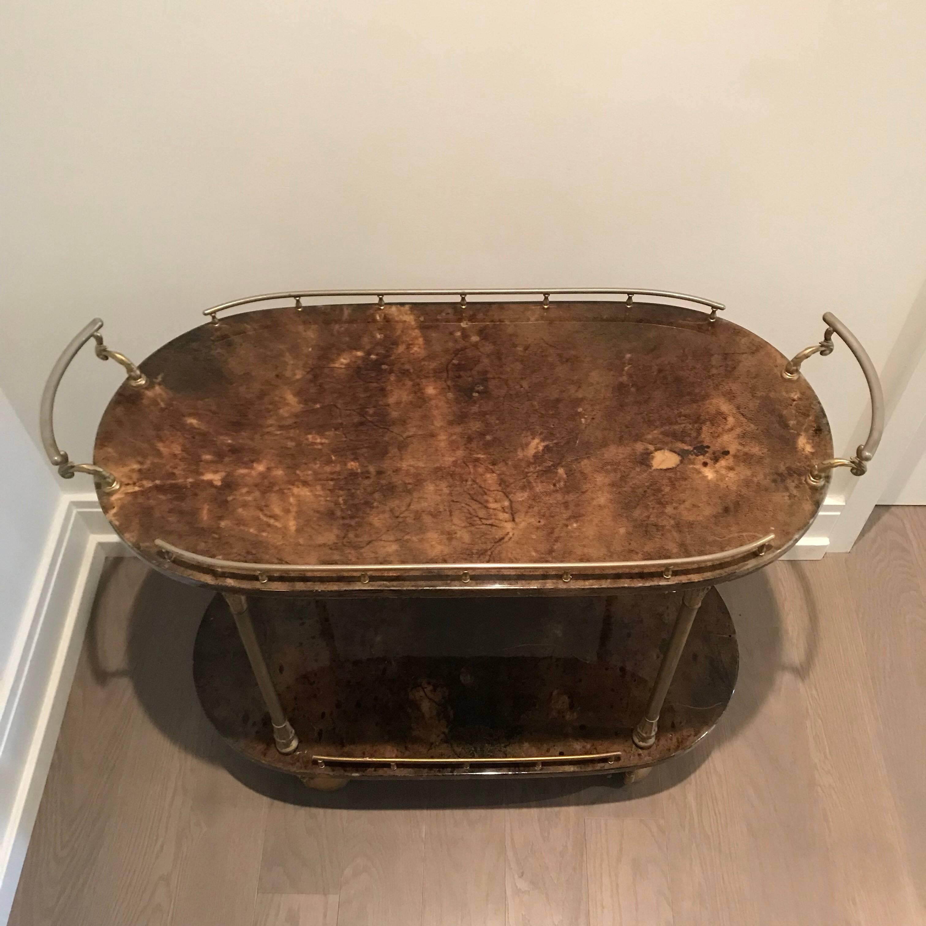 Aldo Tura Brown Goatskin and Brass Bar Cart or Tea Cart or Cocktail Trolley In Good Condition In Miami, FL