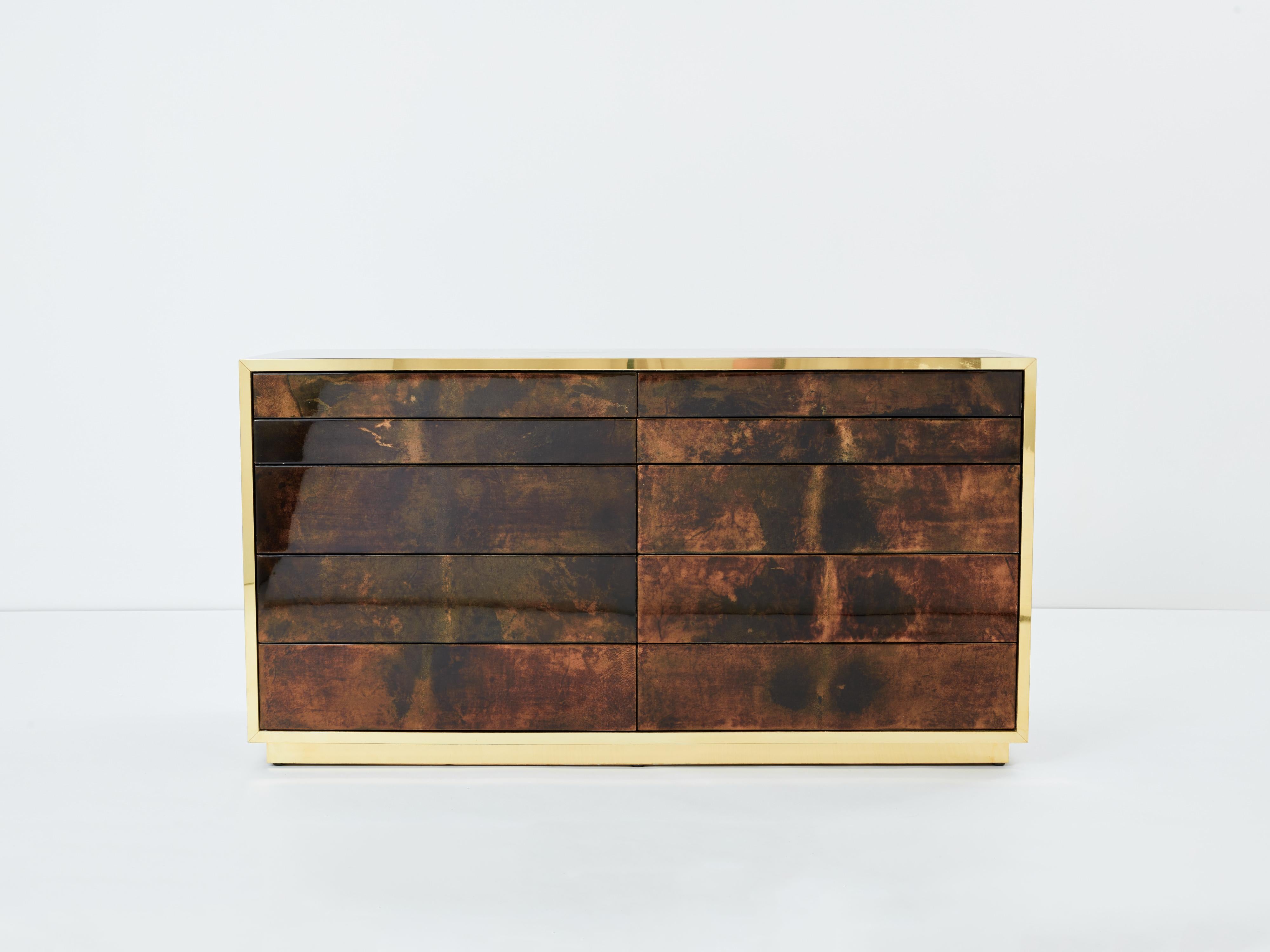 Aldo Tura commode in pelle di capra marrone pergamena ottone anni '60 in vendita 1