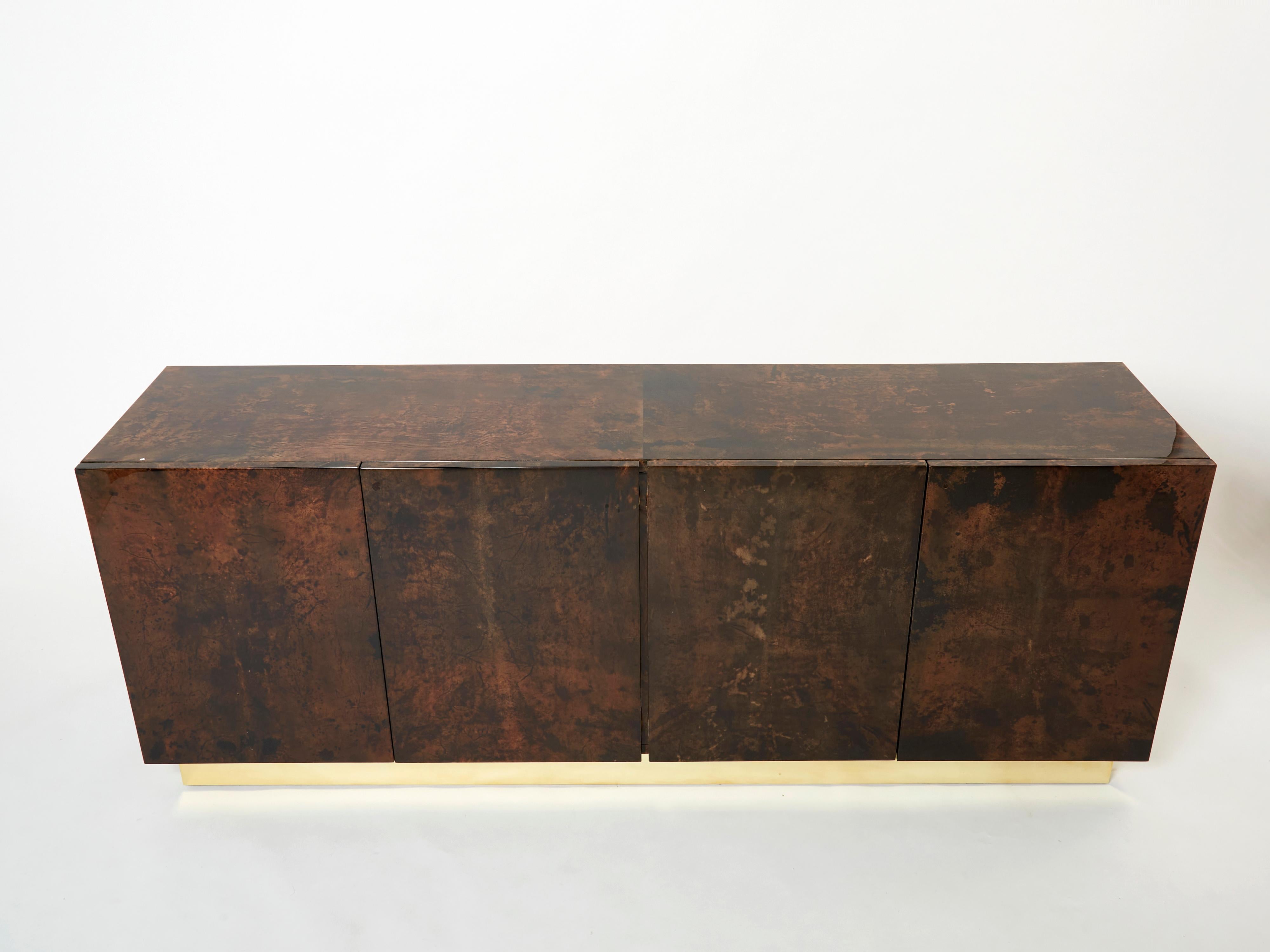 Italian Aldo Tura Brown Goatskin Parchment Brass Sideboard, 1960s For Sale