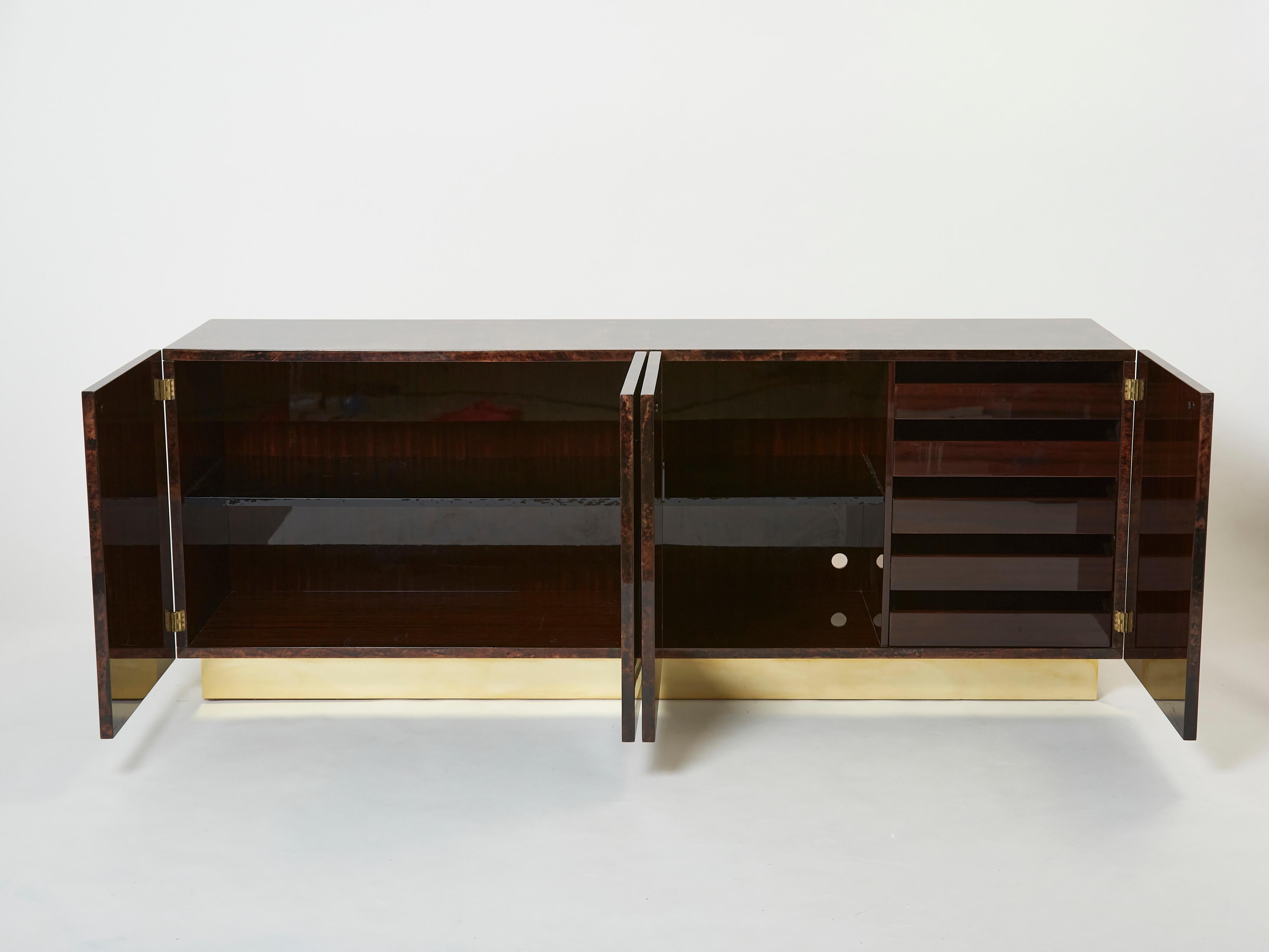 Mid-20th Century Aldo Tura Brown Goatskin Parchment Brass Sideboard, 1960s For Sale