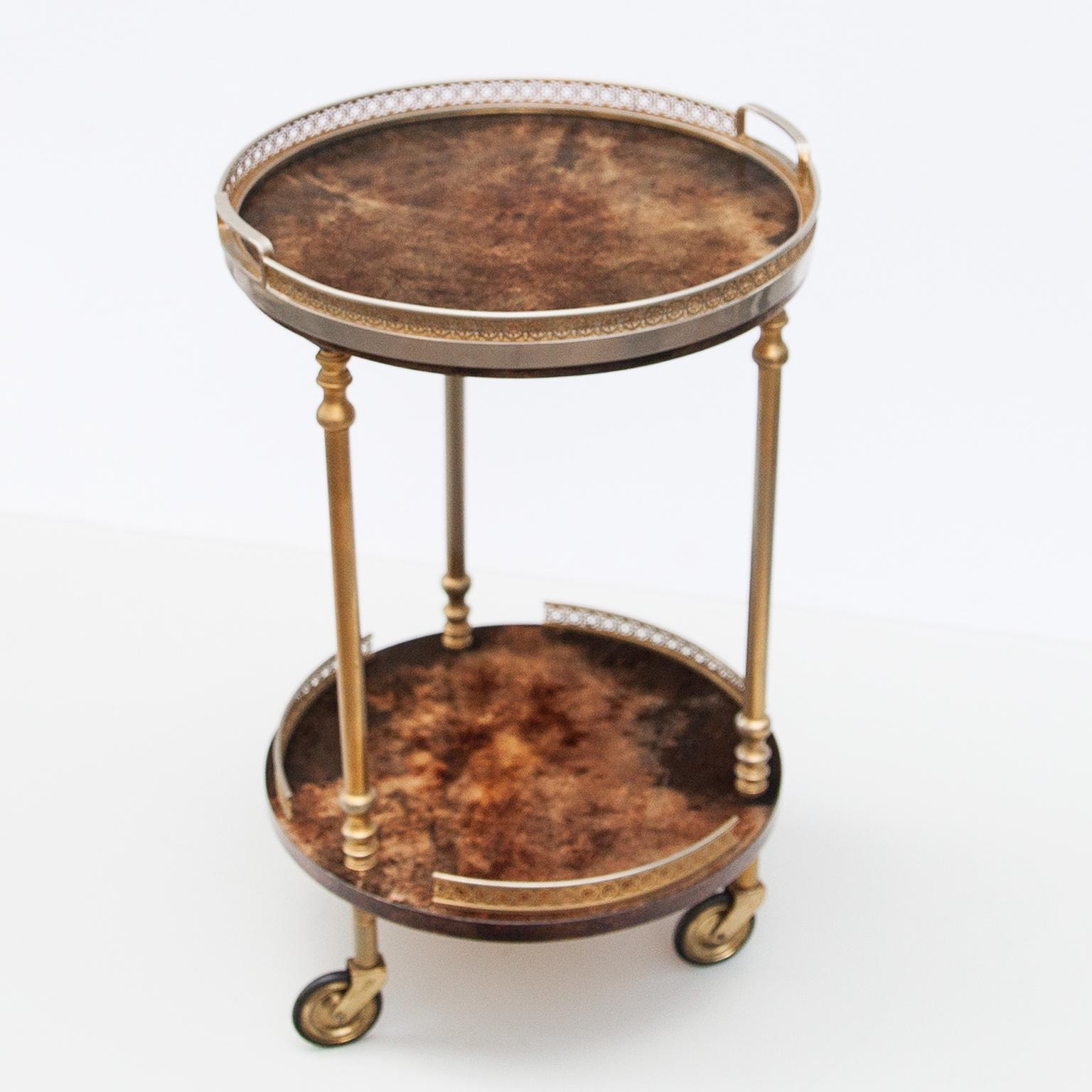 Mid-Century Modern Aldo Tura Brown Goatskin Round Bar Cart Removable Tray, Italy, 1960s For Sale