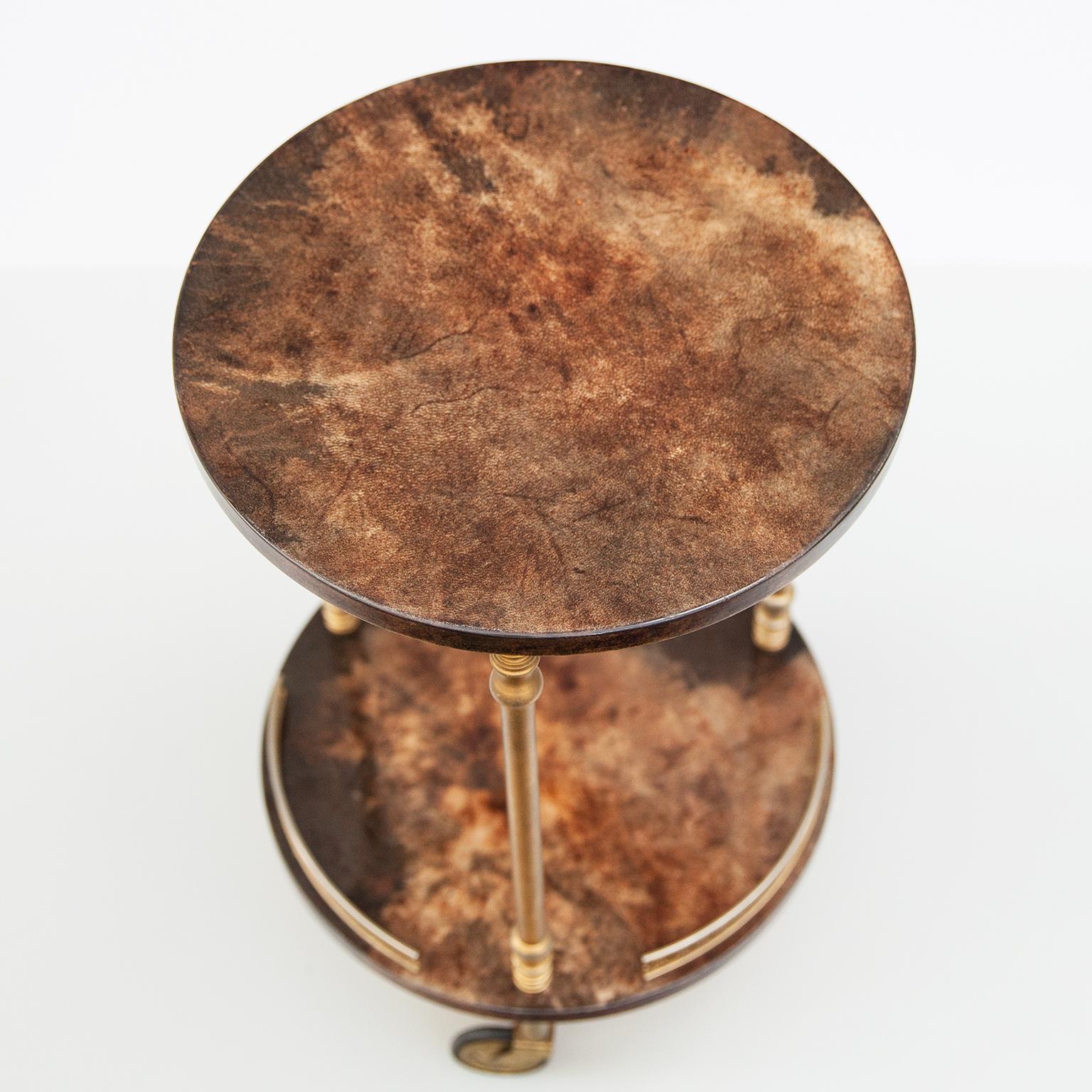 Brass Aldo Tura Brown Goatskin Round Bar Cart Removable Tray, Italy, 1960s For Sale