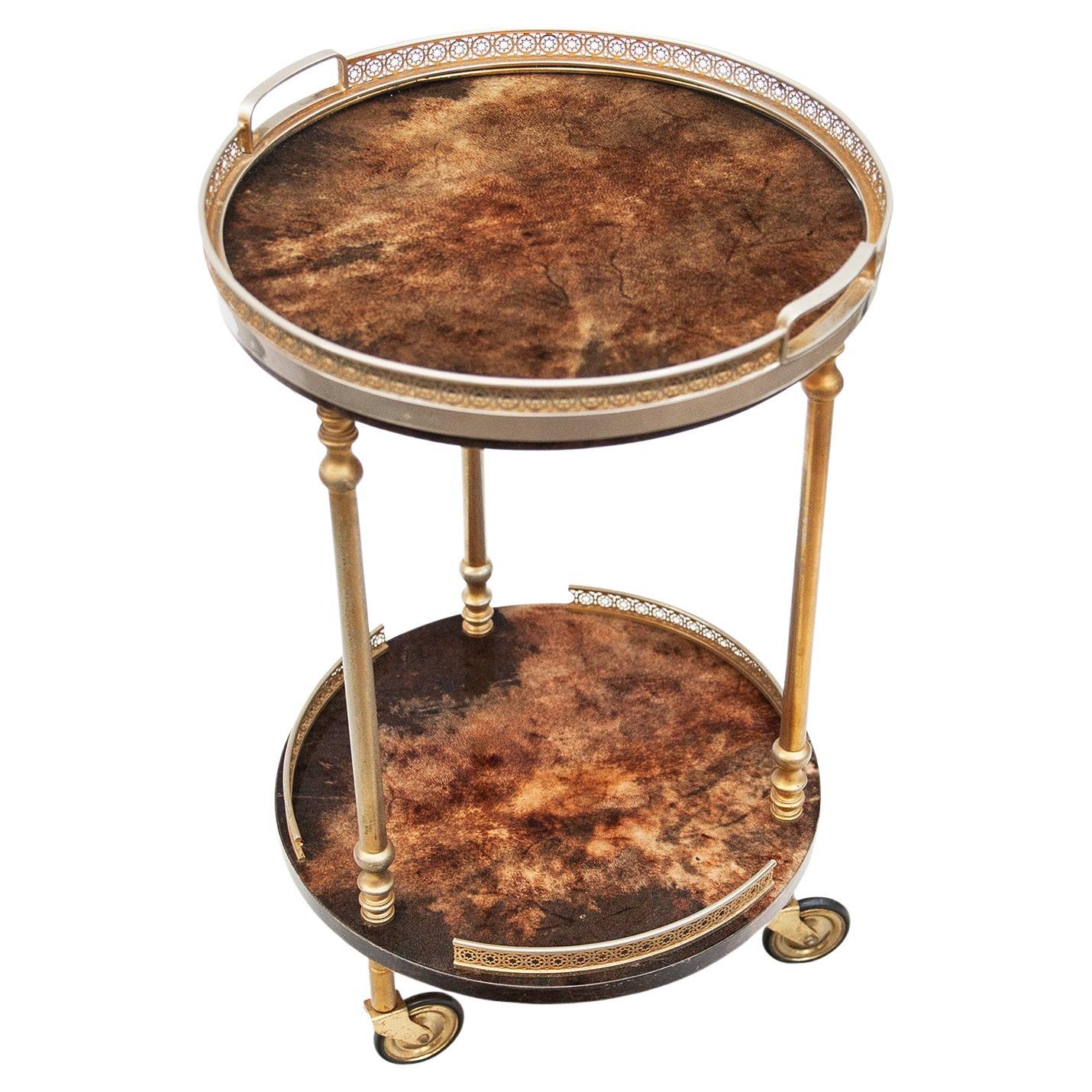 Aldo Tura Brown Goatskin Round Bar Cart Removable Tray, Italy, 1960s For Sale