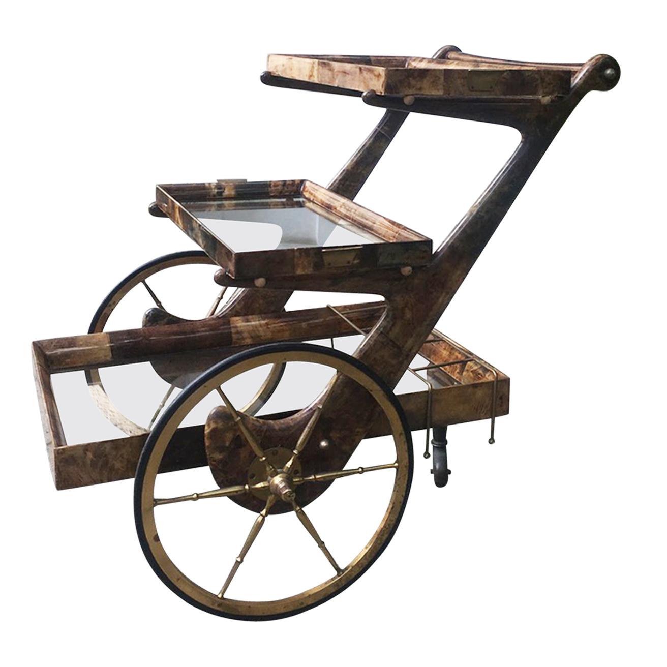 Aldo Tura Brown Goatskin Three-Story Bar Cart For Sale