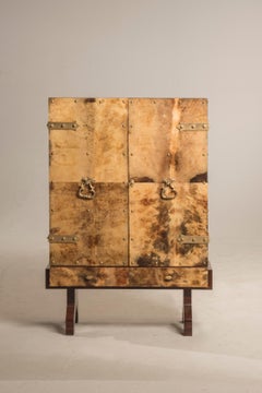 Aldo Tura Brown Parchment Brass Hardware Two Doors Lit from Within Dry Bar 1950s