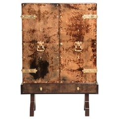 Aldo Tura Brown Parchment Brass Hardware Two Doors Lit From Within Dry Bar 1950s