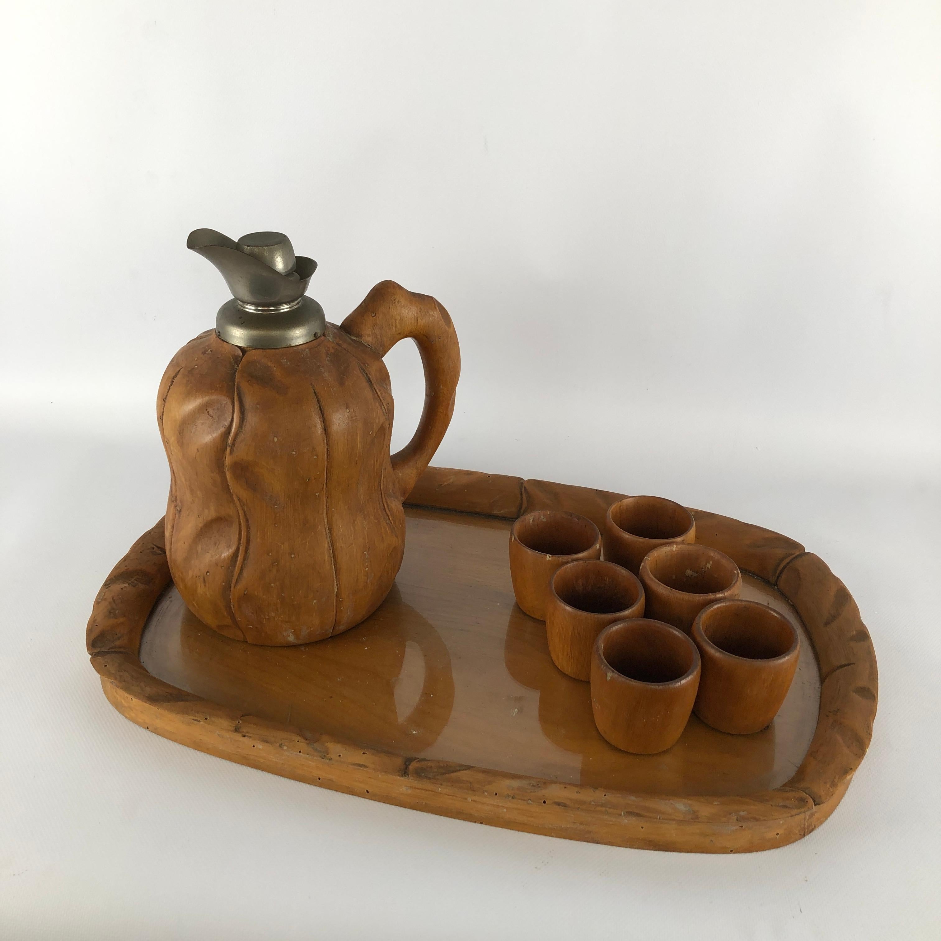 Wood Aldo Tura Carafe, Tray and Glasses Set for Macabo, 50s For Sale