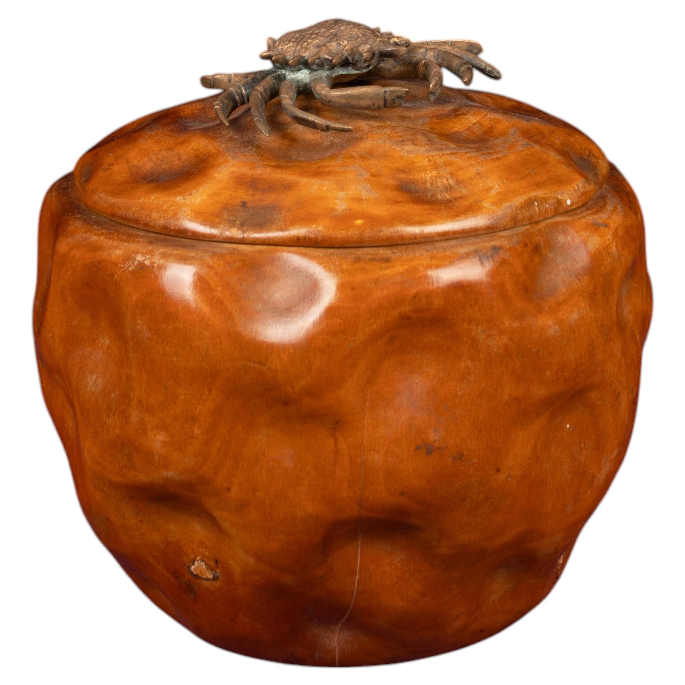 Aldo Tura Carved Pear Wood Lidded Box with Bronze Crab, 1940 For Sale