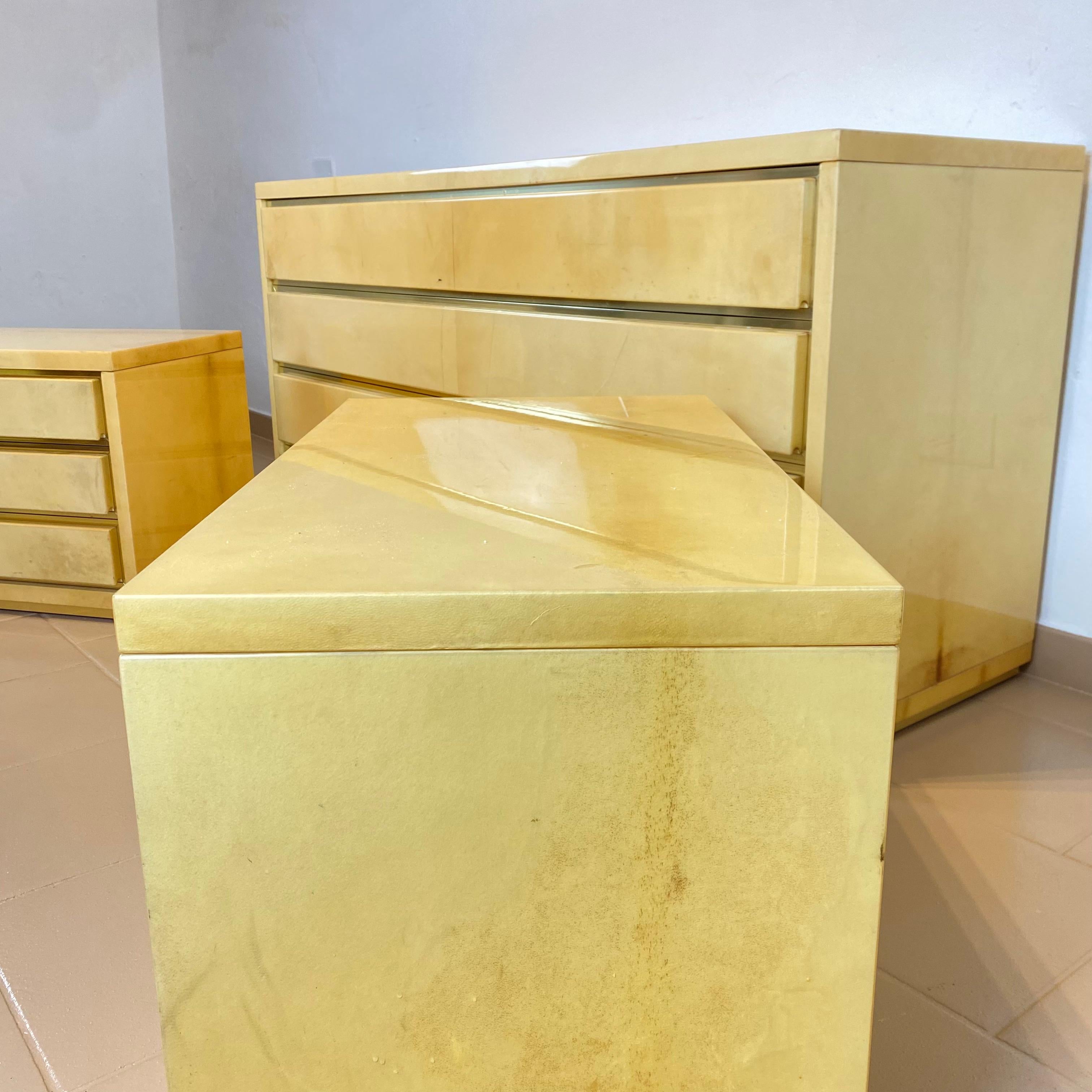 Aldo Tura Chest of Drawers and a Pair of Nightstands in Parchment and Brass 5