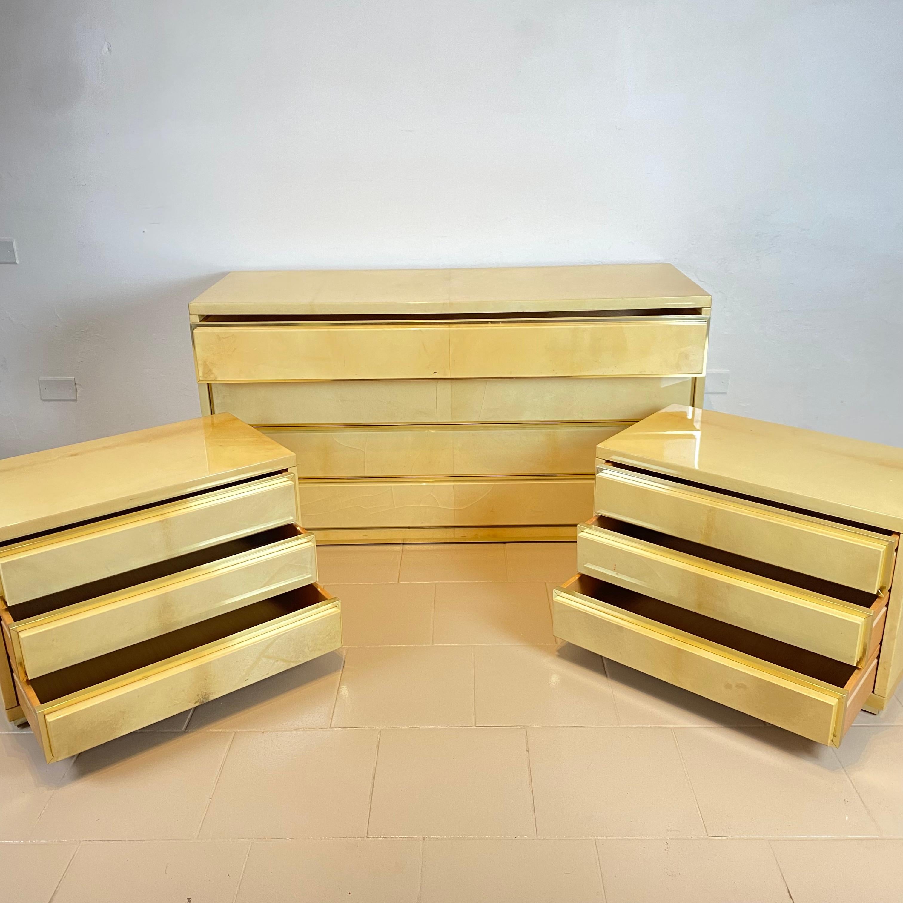 Aldo Tura Chest of Drawers and a Pair of Nightstands in Parchment and Brass 2