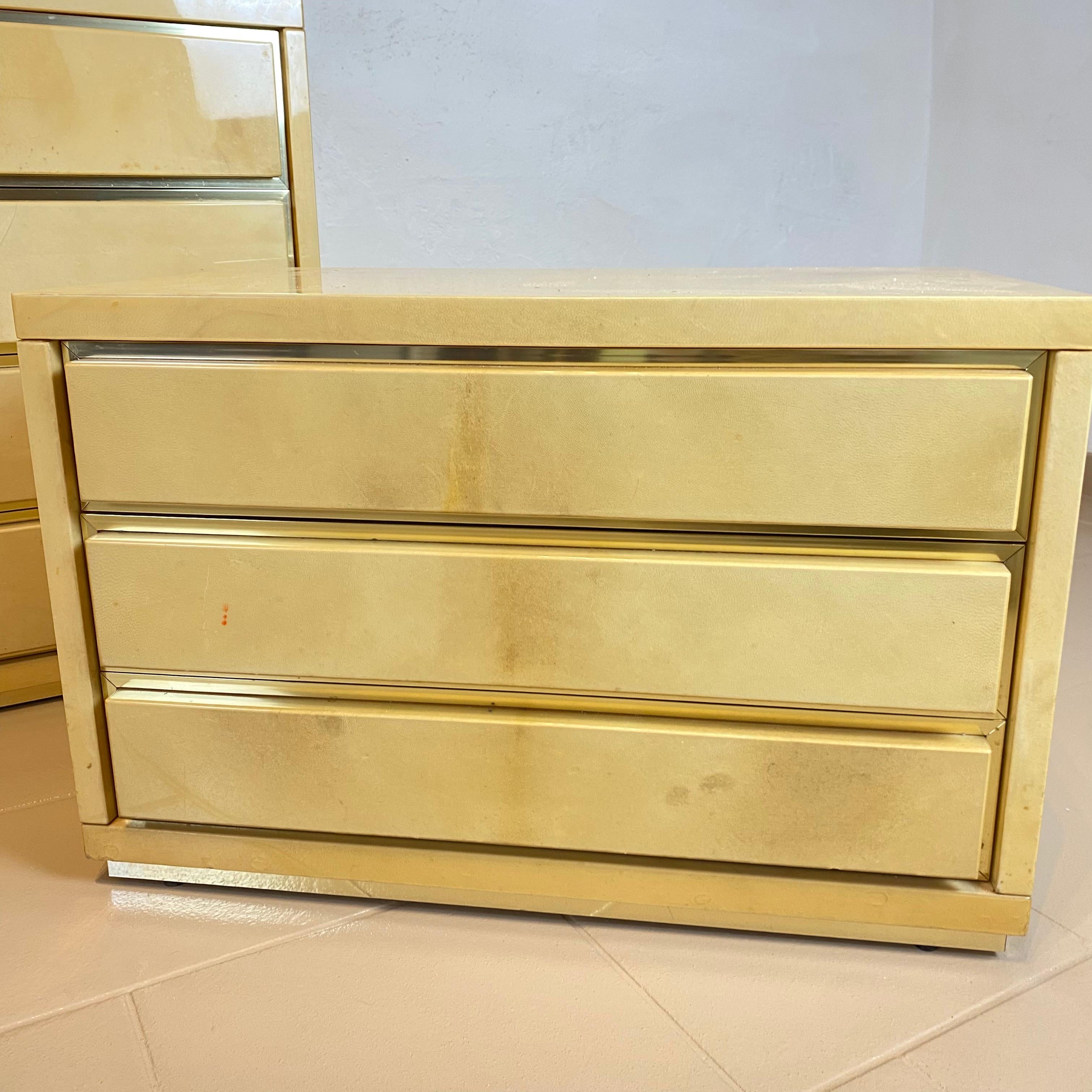 Aldo Tura Chest of Drawers and a Pair of Nightstands in Parchment and Brass 3
