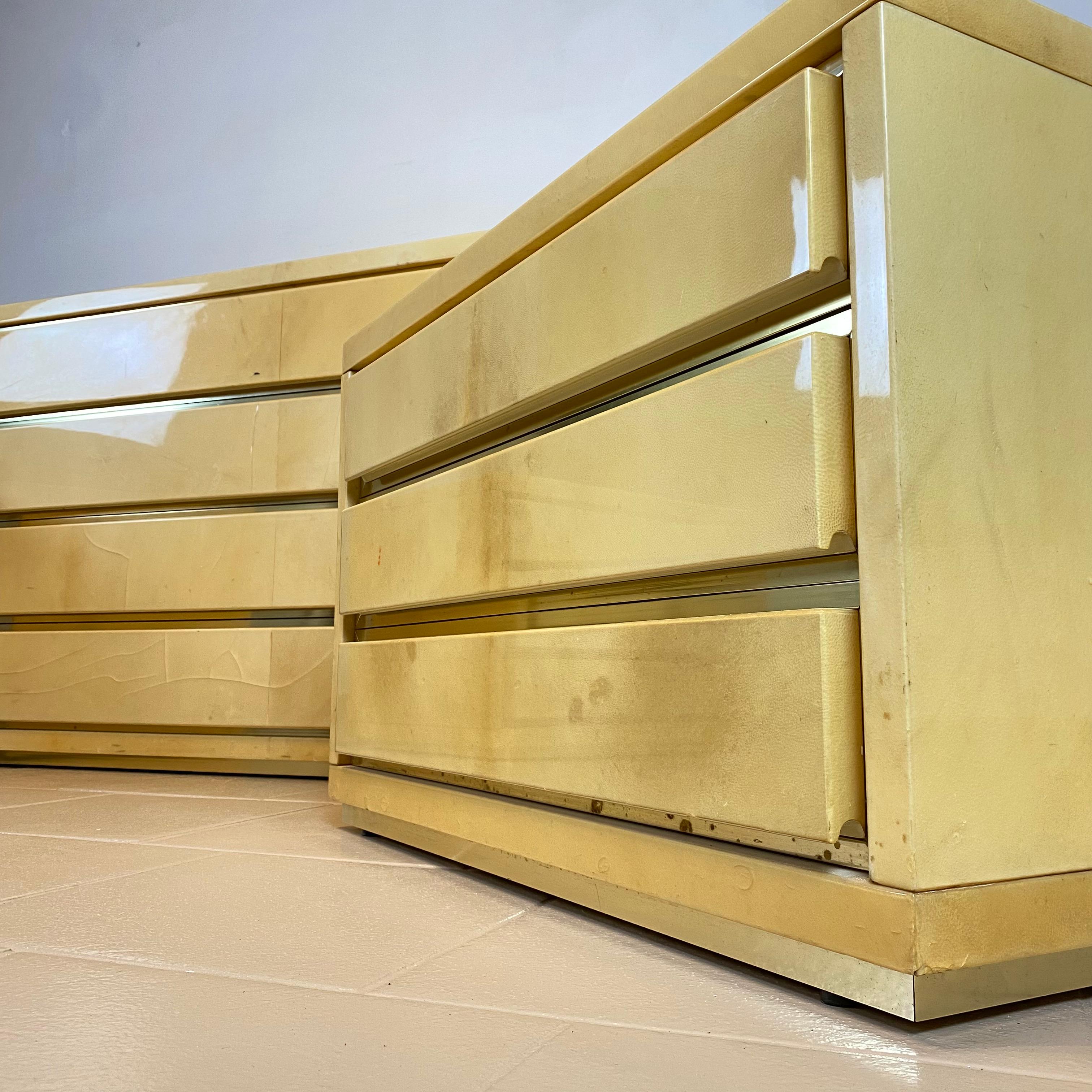 Aldo Tura Chest of Drawers and a Pair of Nightstands in Parchment and Brass 4