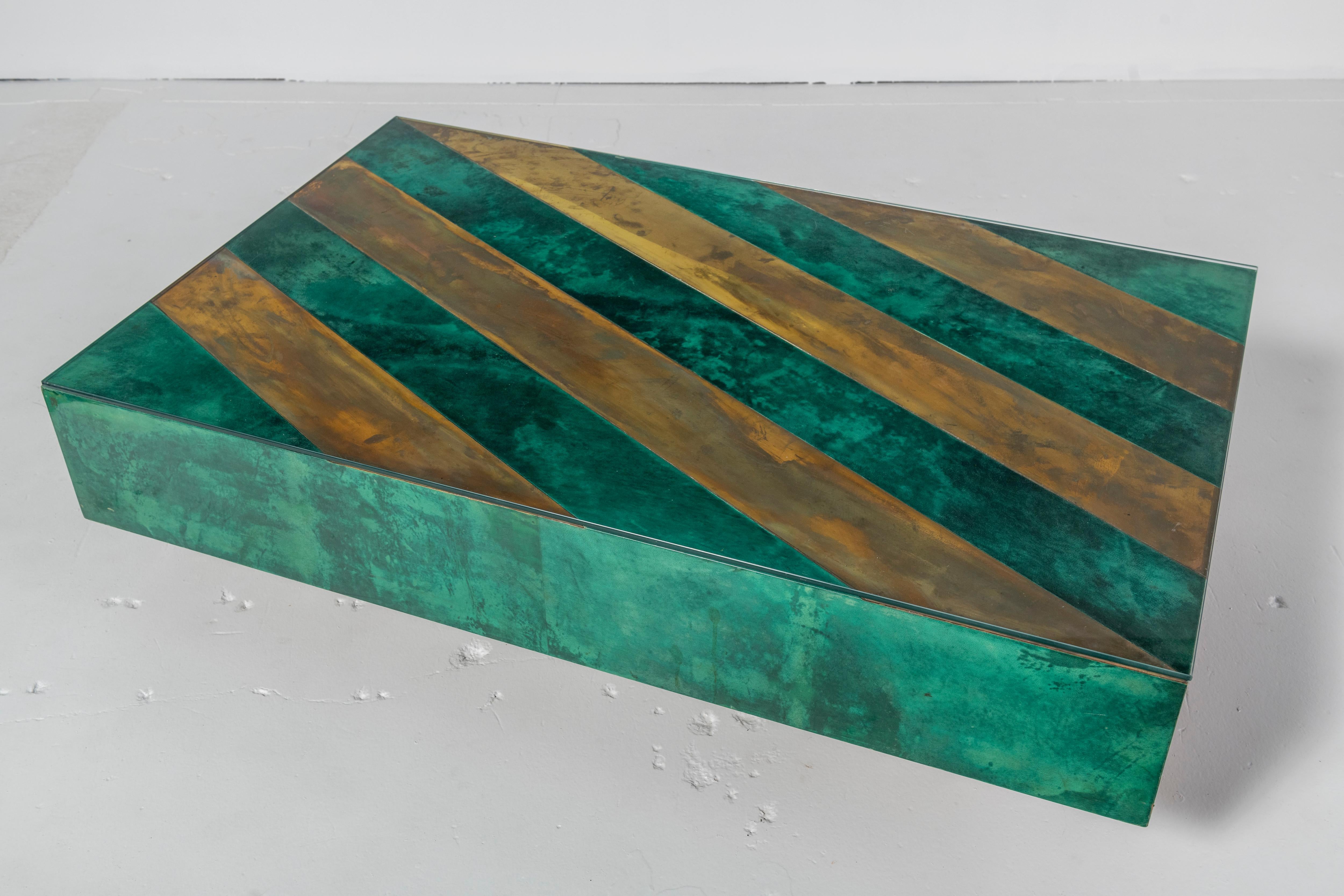 20th Century Aldo Tura Coffee Table in Emerald Green Parchment with Brass Inlay, 1979 For Sale