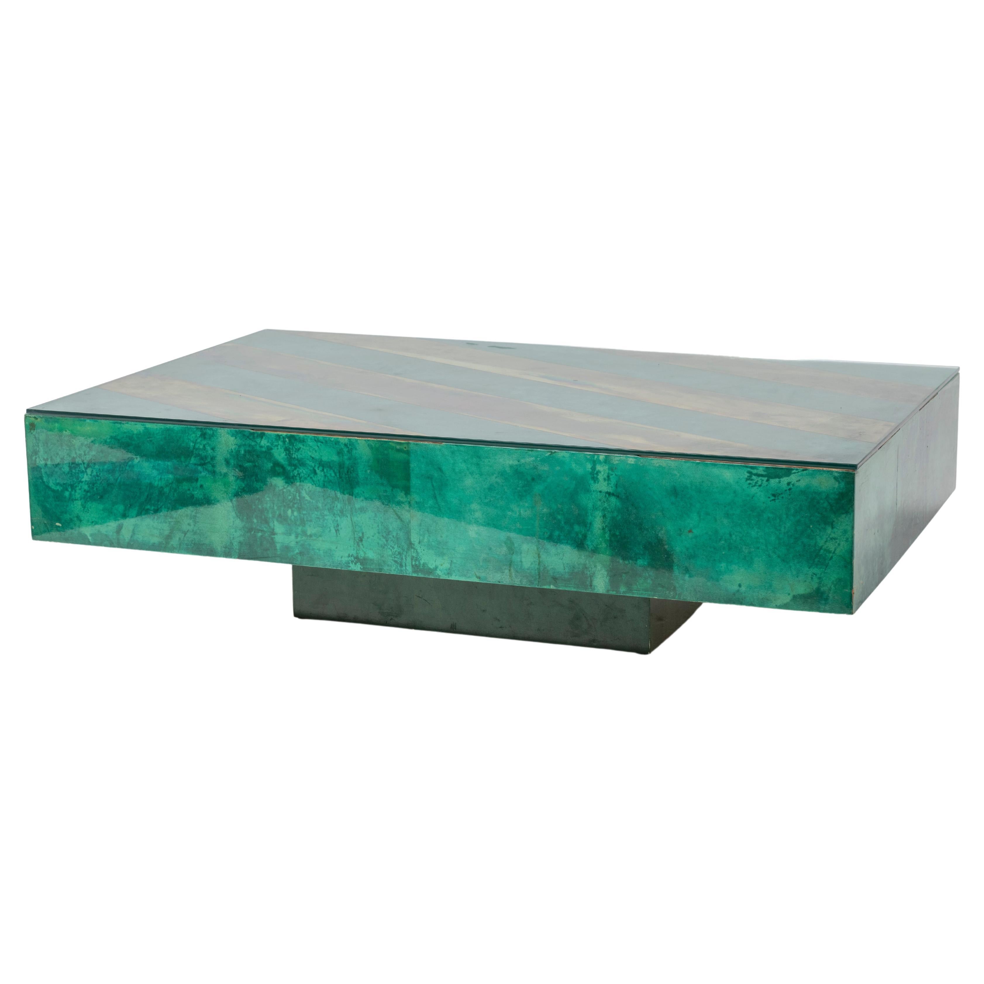 Aldo Tura Coffee Table in Emerald Green Parchment with Brass Inlay, 1979 For Sale