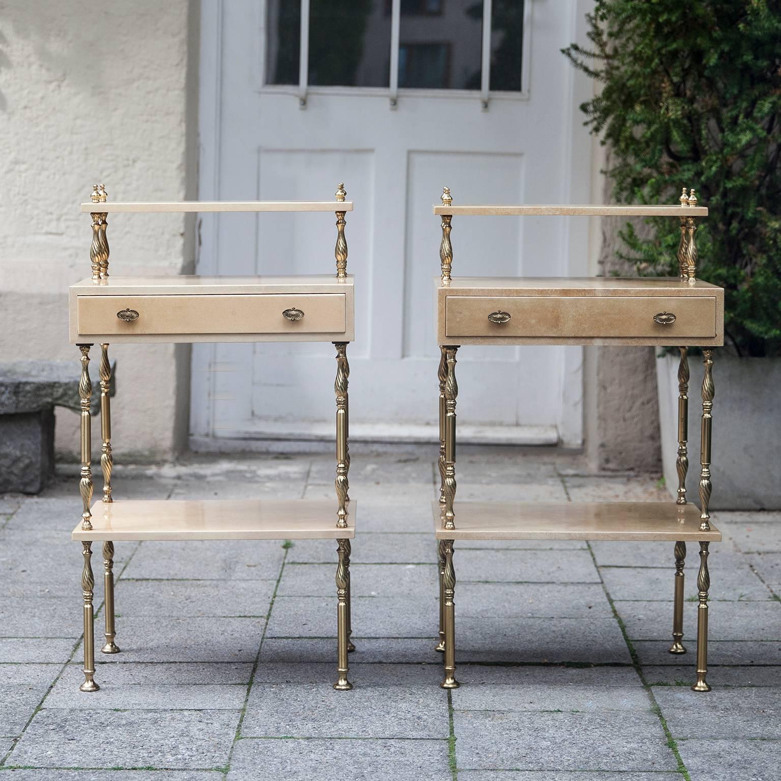 Aldo Tura cream goatskin parchment side tables or bedside tables with one drawer.
The table consisting to three levels and a drawer. Nice brass details.
The color of both is a very little different because of the structure of the goatskin.
90 H x