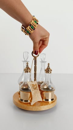 Aldo Tura Cruet Set in Gilt Brass, Cut Crystal and Lacquered Goatskin Parchment