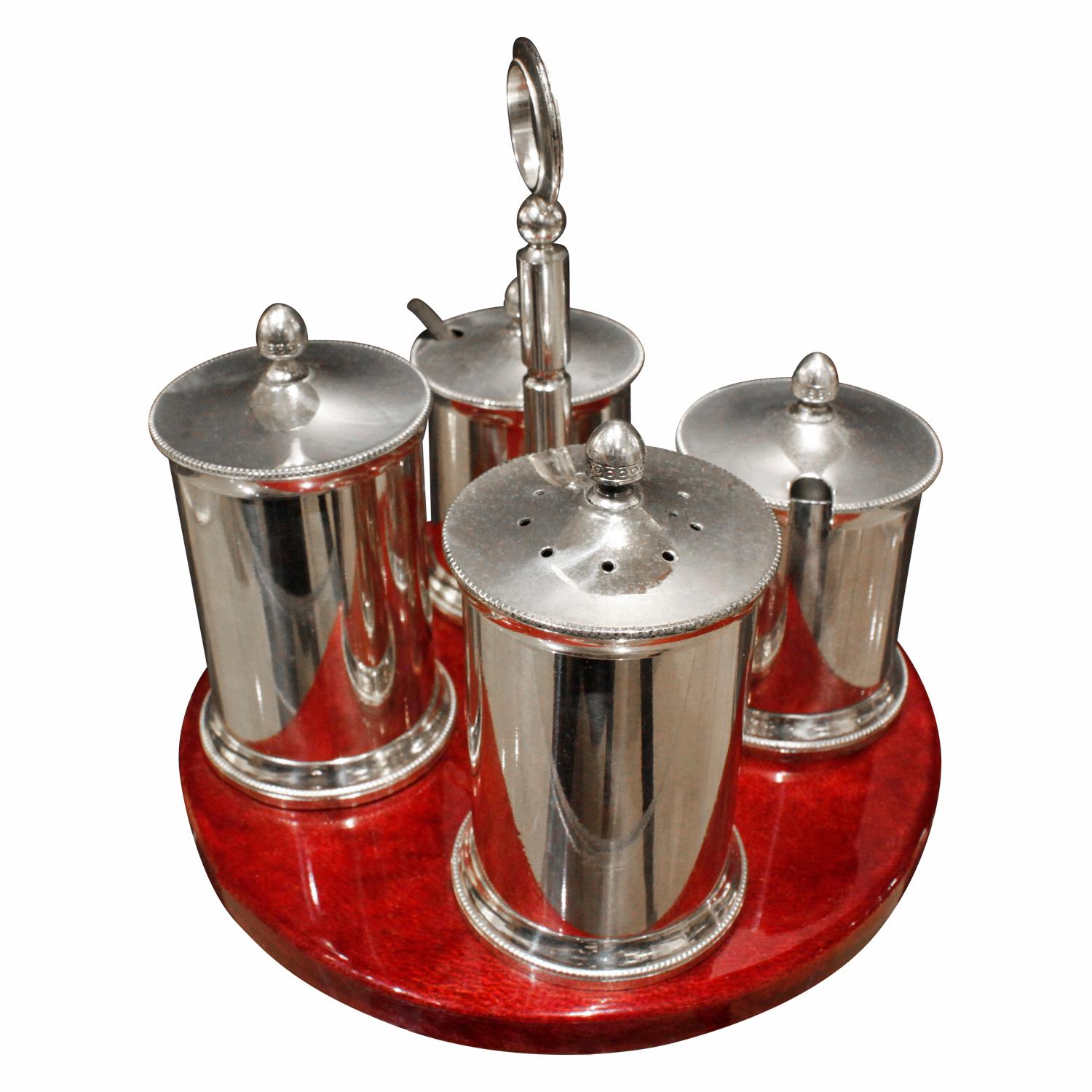 Mid-Century Modern Aldo Tura Cruet Set in Red Lacquered Goatskin and Stainless Steel 1970s 'Signed' For Sale