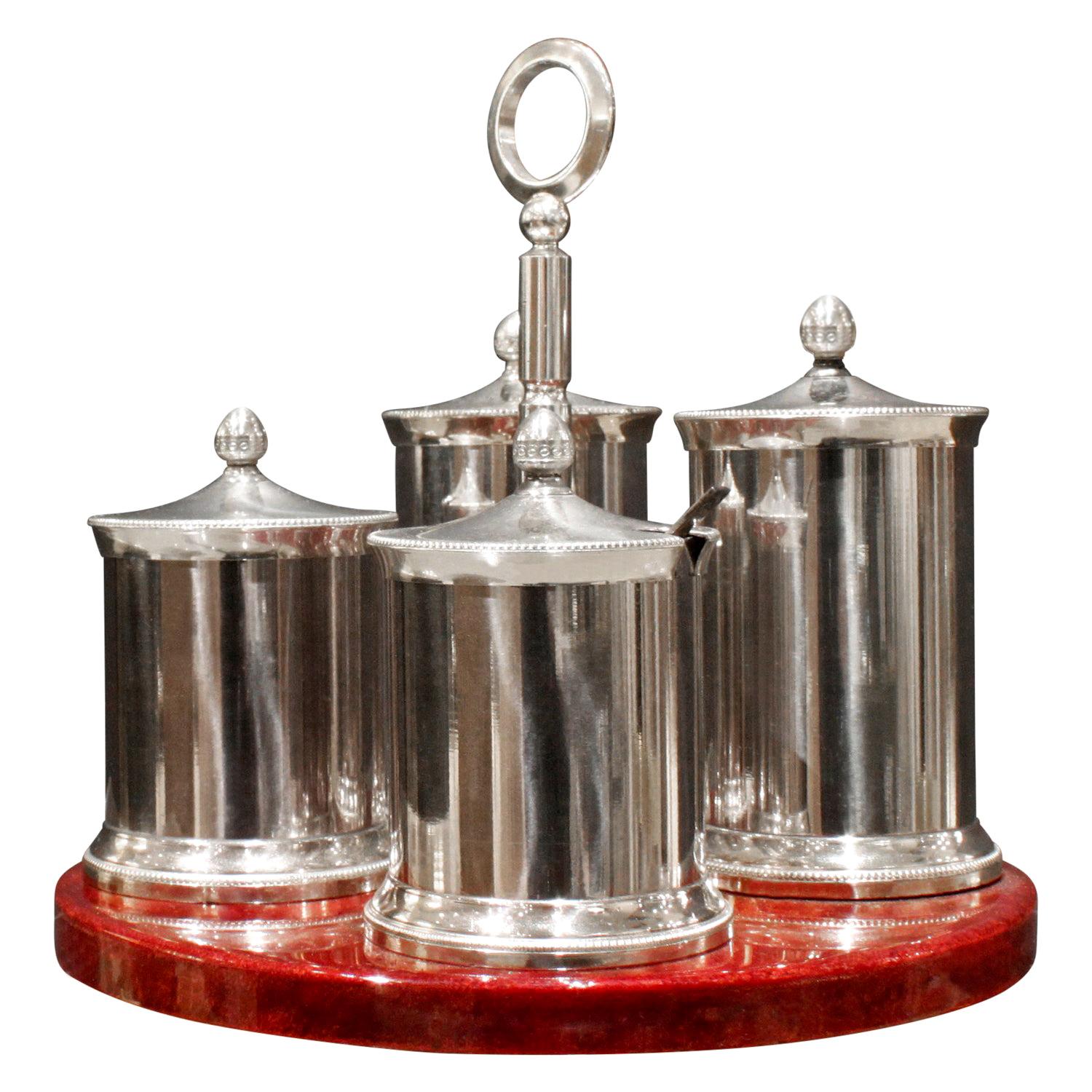 Aldo Tura Cruet Set in Red Lacquered Goatskin and Stainless Steel 1970s 'Signed' For Sale