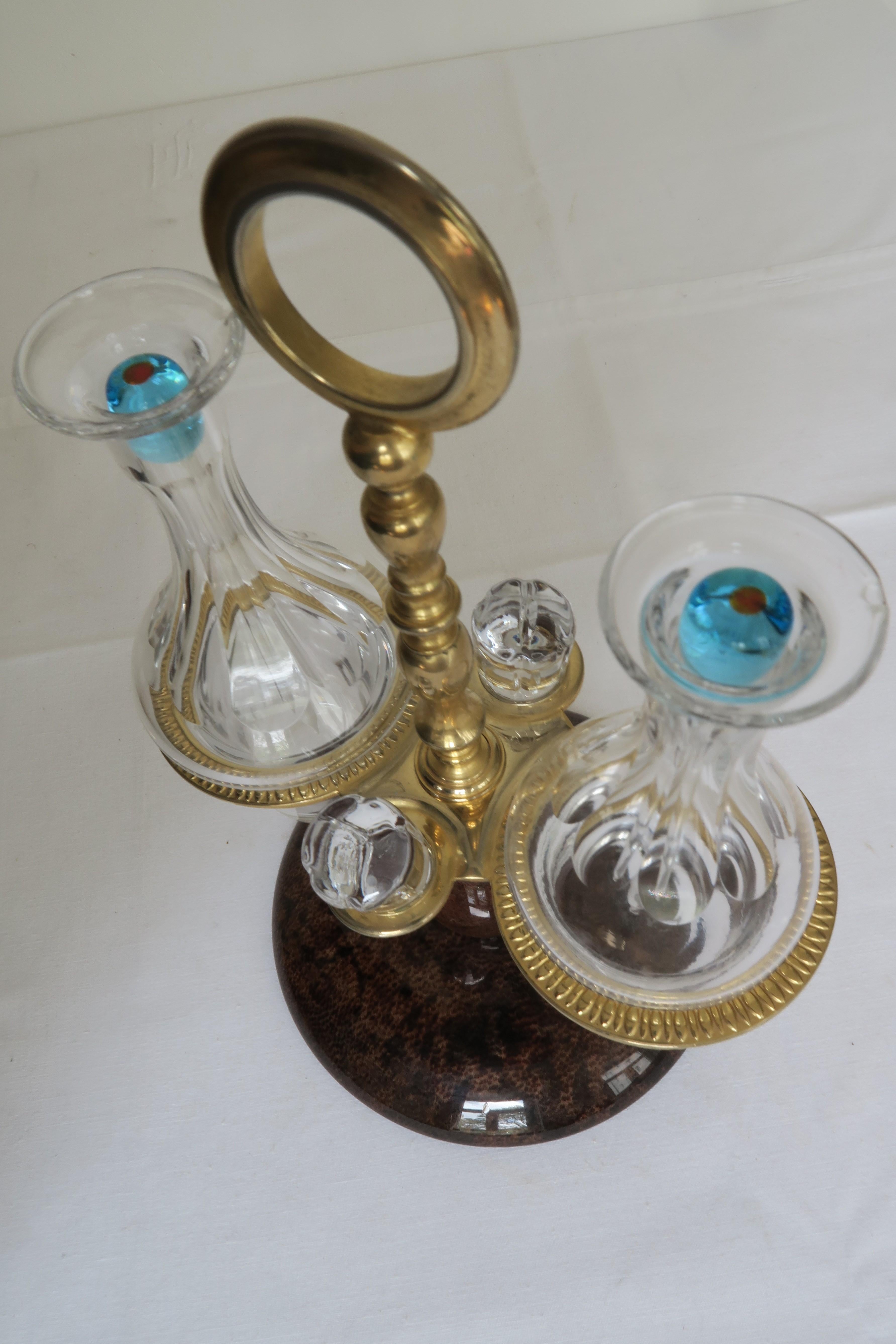 Brass Aldo Tura Cruet Stand Made from Crystal Glass and Varnished Leather For Sale