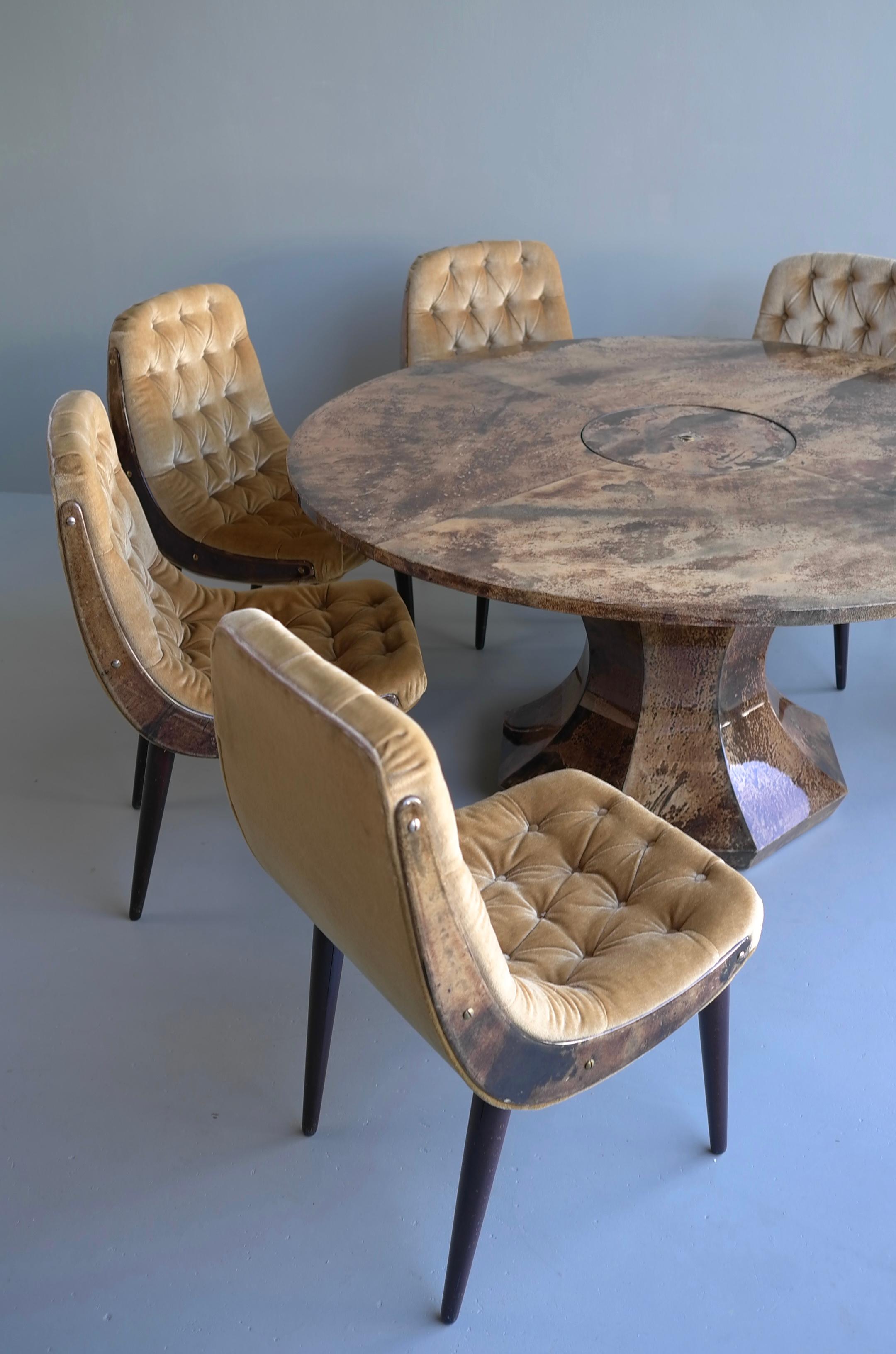 Aldo Tura Dining Set, Goatskin Parchment Table with 6 Velvet Chairs, Italy 1950s For Sale 3