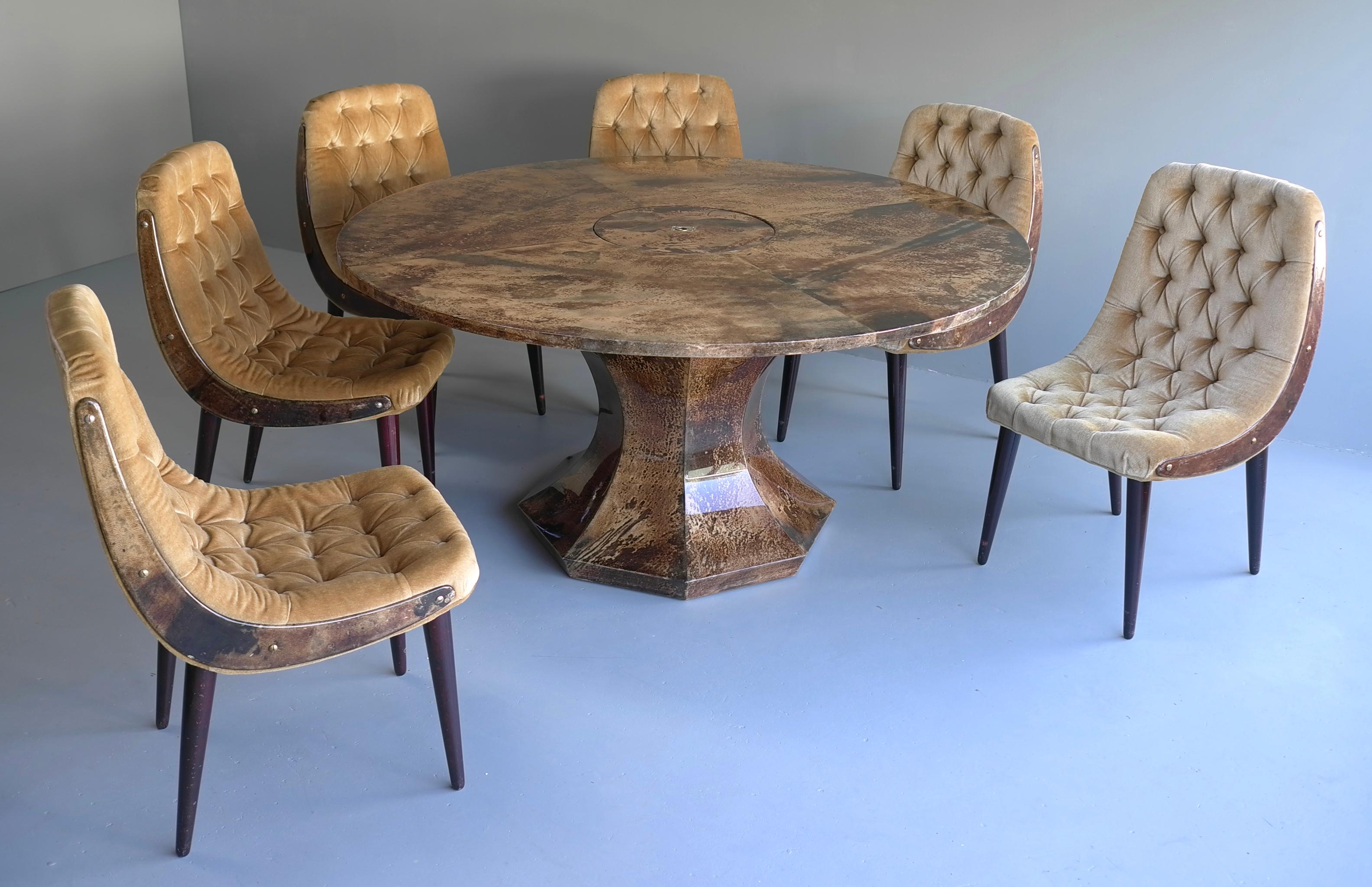 Aldo Tura Dining Set, Goatskin Parchment Table with 6 Velvet Chairs, Italy 1950s For Sale 5
