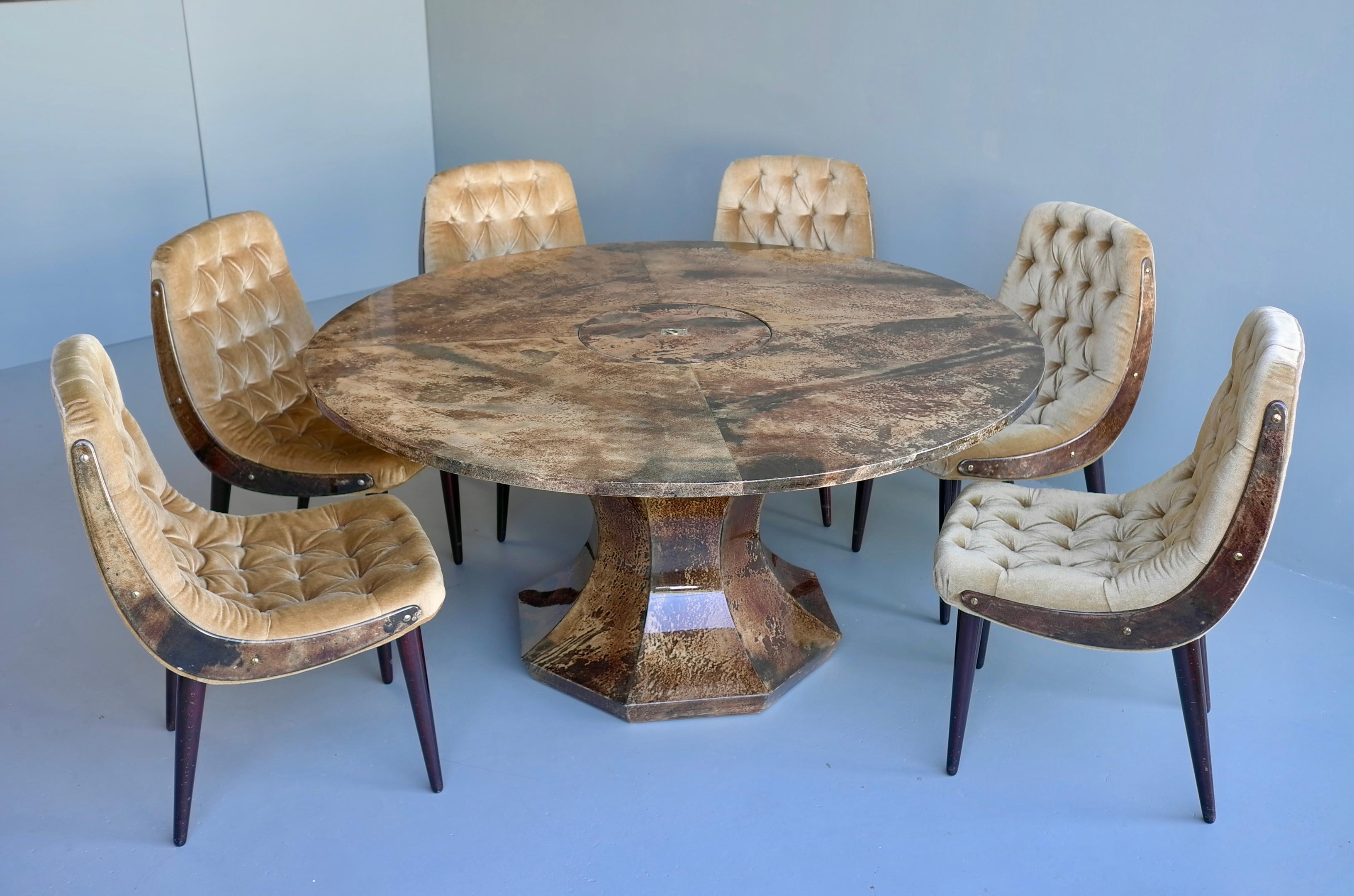 Italian Aldo Tura Dining Set, Goatskin Parchment Table with 6 Velvet Chairs, Italy 1950s For Sale