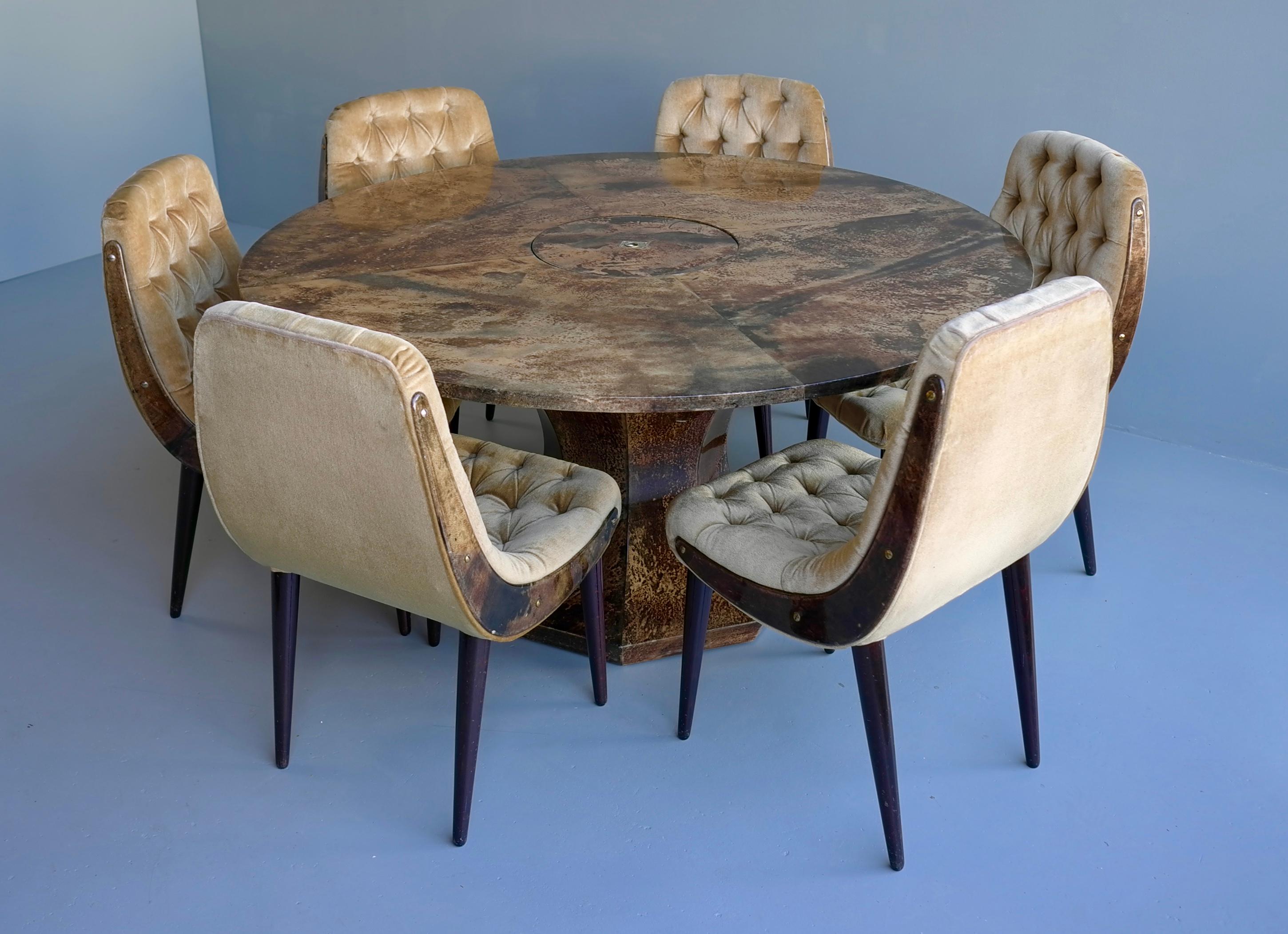 Mid-20th Century Aldo Tura Dining Set, Goatskin Parchment Table with 6 Velvet Chairs, Italy 1950s For Sale